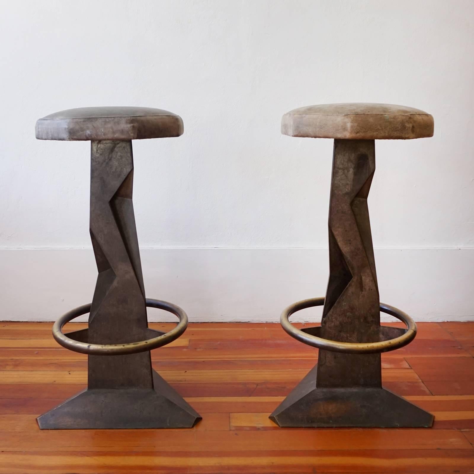 Pair of Brutalist Metal Bar Stools In Good Condition For Sale In San Diego, CA