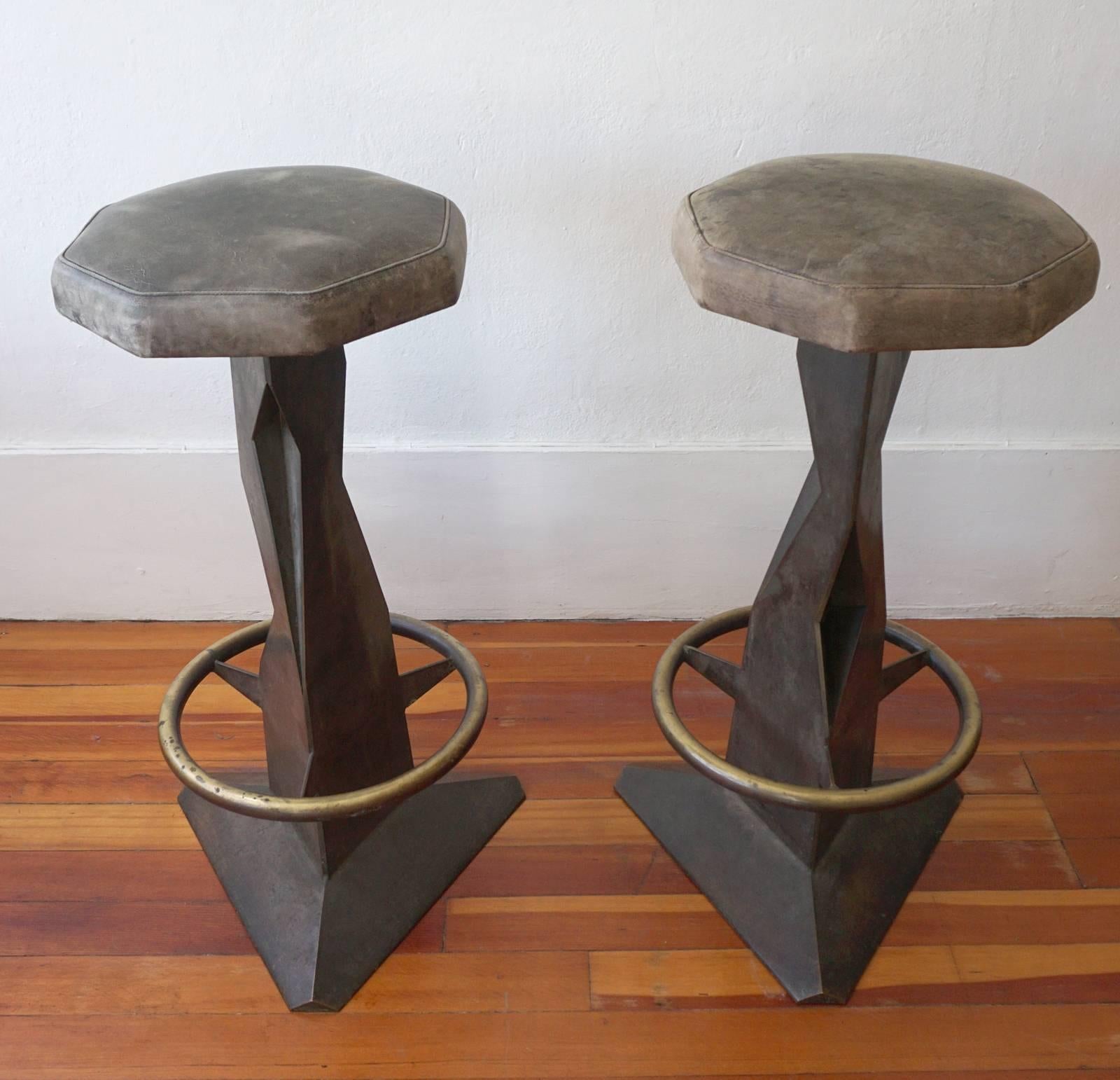 20th Century Pair of Brutalist Metal Bar Stools For Sale
