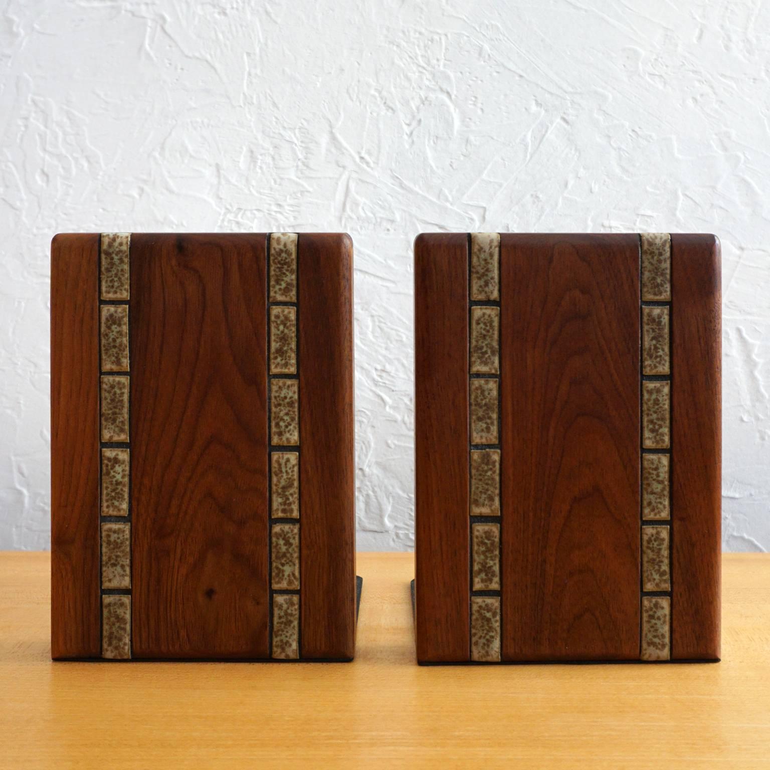Mid-Century Modern Martz Ceramic and Wood Bookends