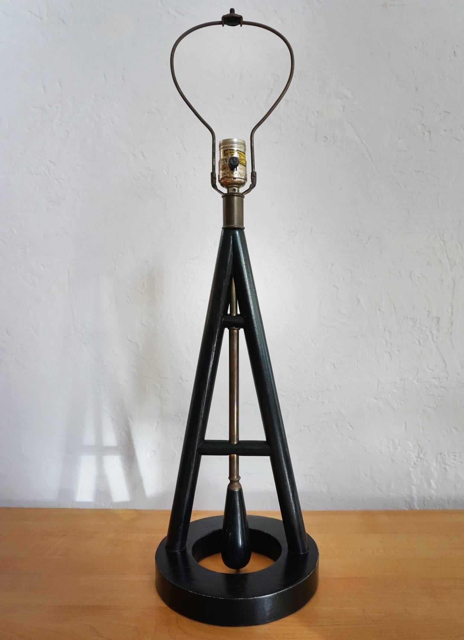 Pair of 1950s Ebonized Oak A-Frame Table Lamps In Good Condition In San Diego, CA