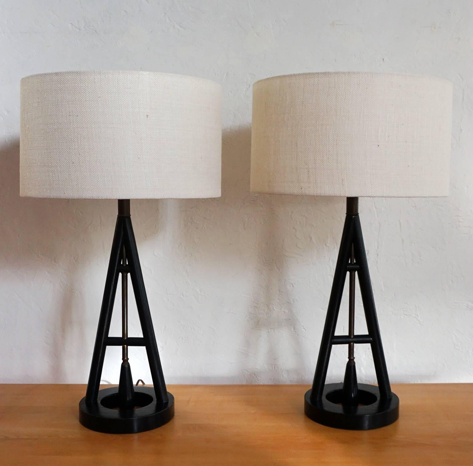 American Pair of 1950s Ebonized Oak A-Frame Table Lamps