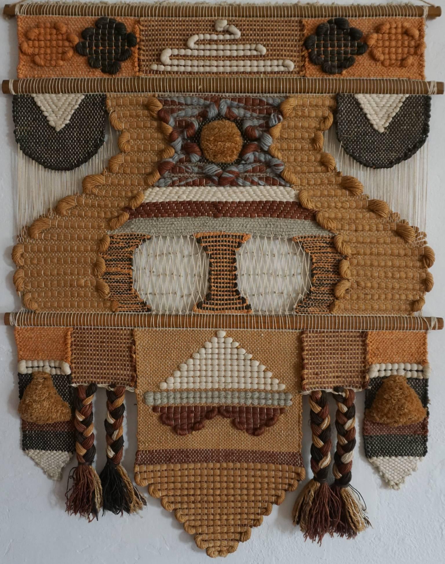 Jute, wood and fiber wall hanging sculpture from the 1960s.
