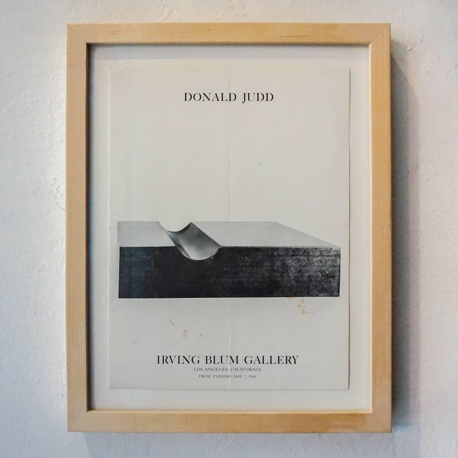 Donald Judd exhibition poster for a 1968 showing of sculpture at the Irving Blum Gallery in Los Angeles. Framed. 

This was an early exhibition for Judd and just two years after the closing of Blum's Ferus Gallery. This same year, the Whitney held