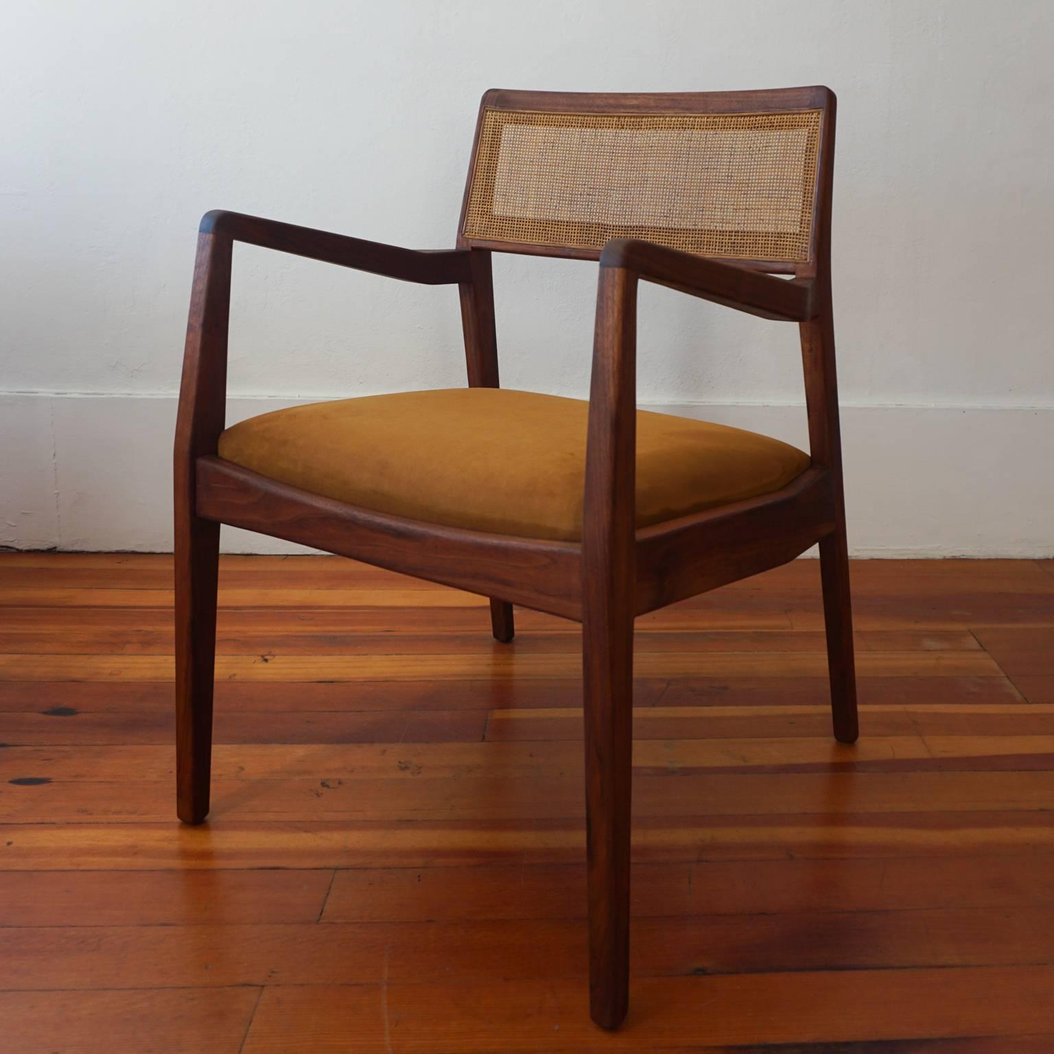 Pair of Jens Risom Walnut Cane Back Armchairs In Good Condition In San Diego, CA