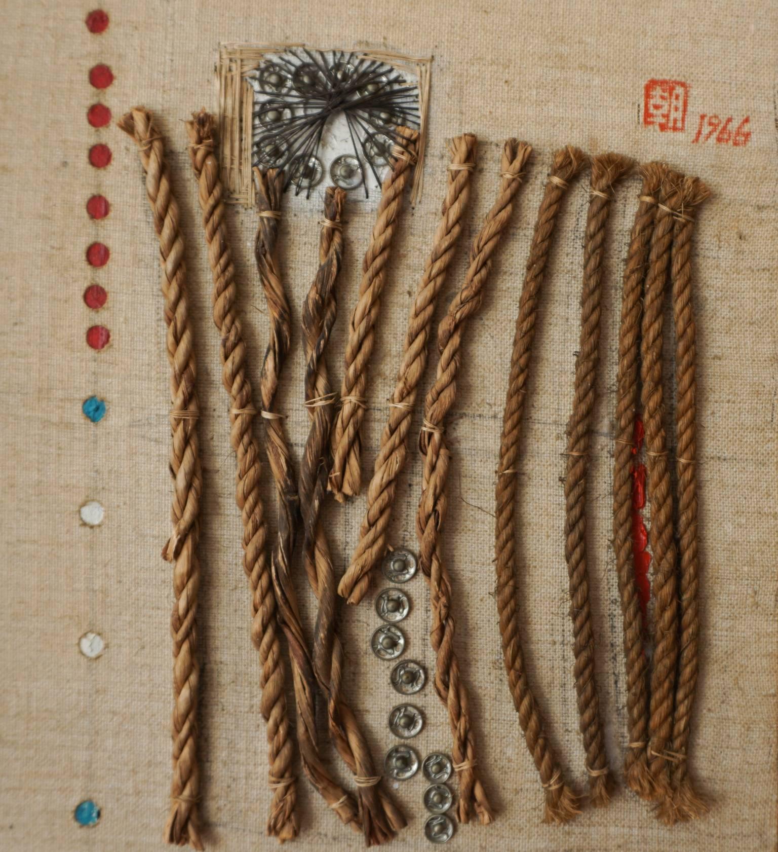 Wall panel with stitching, paint and rope. Signed and dated, 1966.