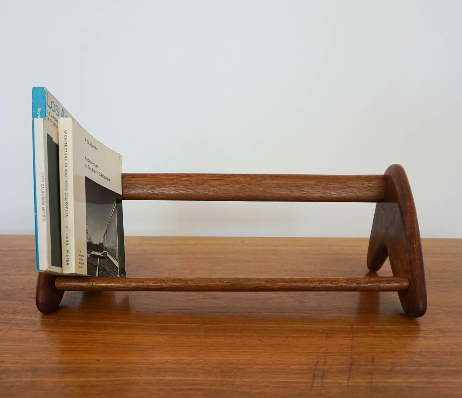 Handcrafted desktop book rack. Mahogany, 1950s.