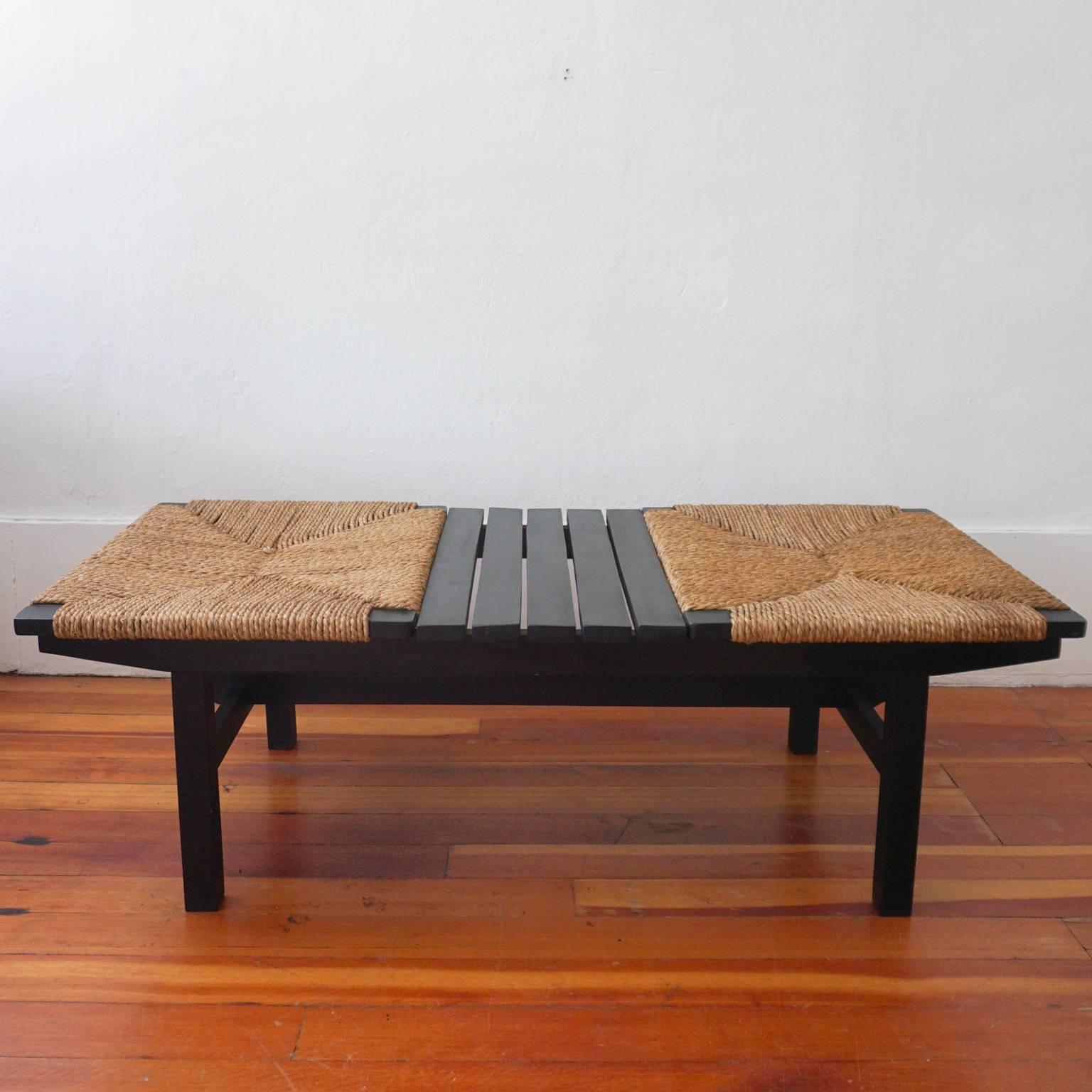 1950s wood bench with rope seats. Made in Japan, 1950s. Retains original AFM, Made in Japan label.