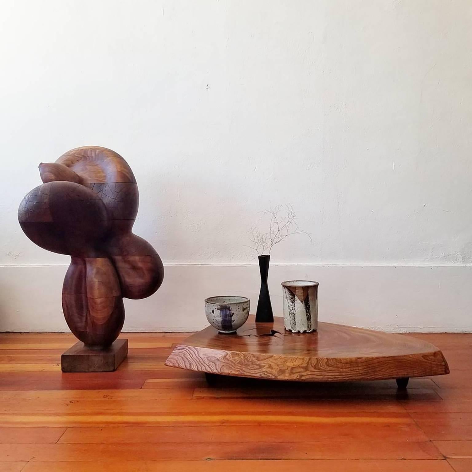 Wood 1950s Japanese Carved Slab Low Table or Pedestal