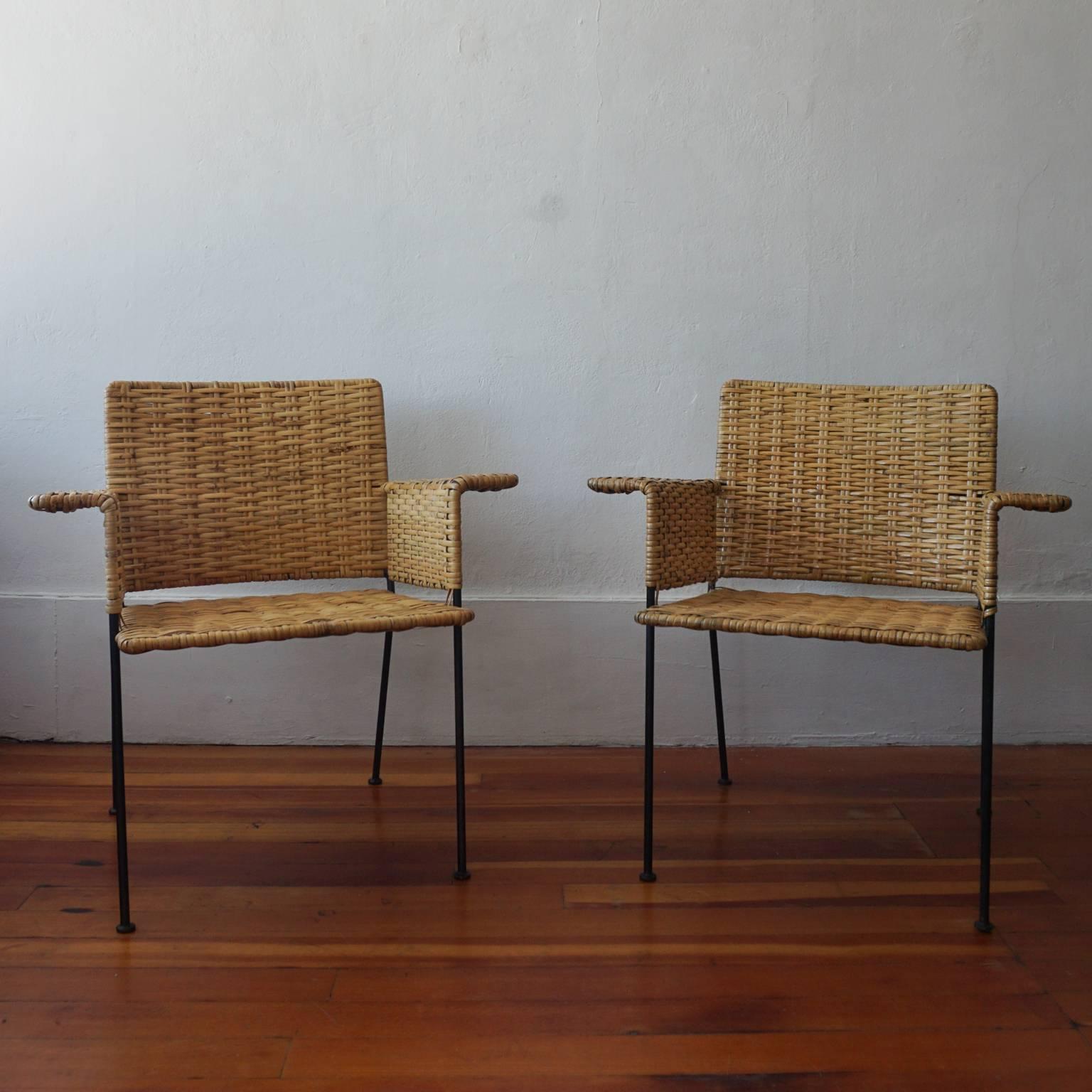 Mid-Century Modern Pair of 1950s Van Keppel Green Iron and Cane Chairs