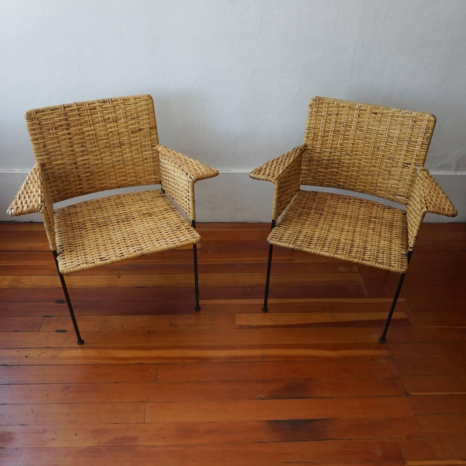 American Pair of 1950s Van Keppel Green Iron and Cane Chairs