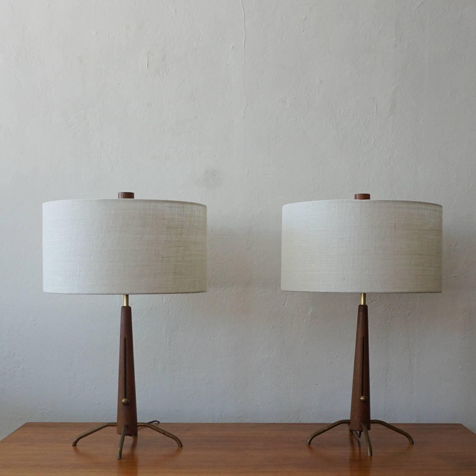 Mid-Century Modern Walnut and Brass Gerald Thurston Adjustable Height Lamps