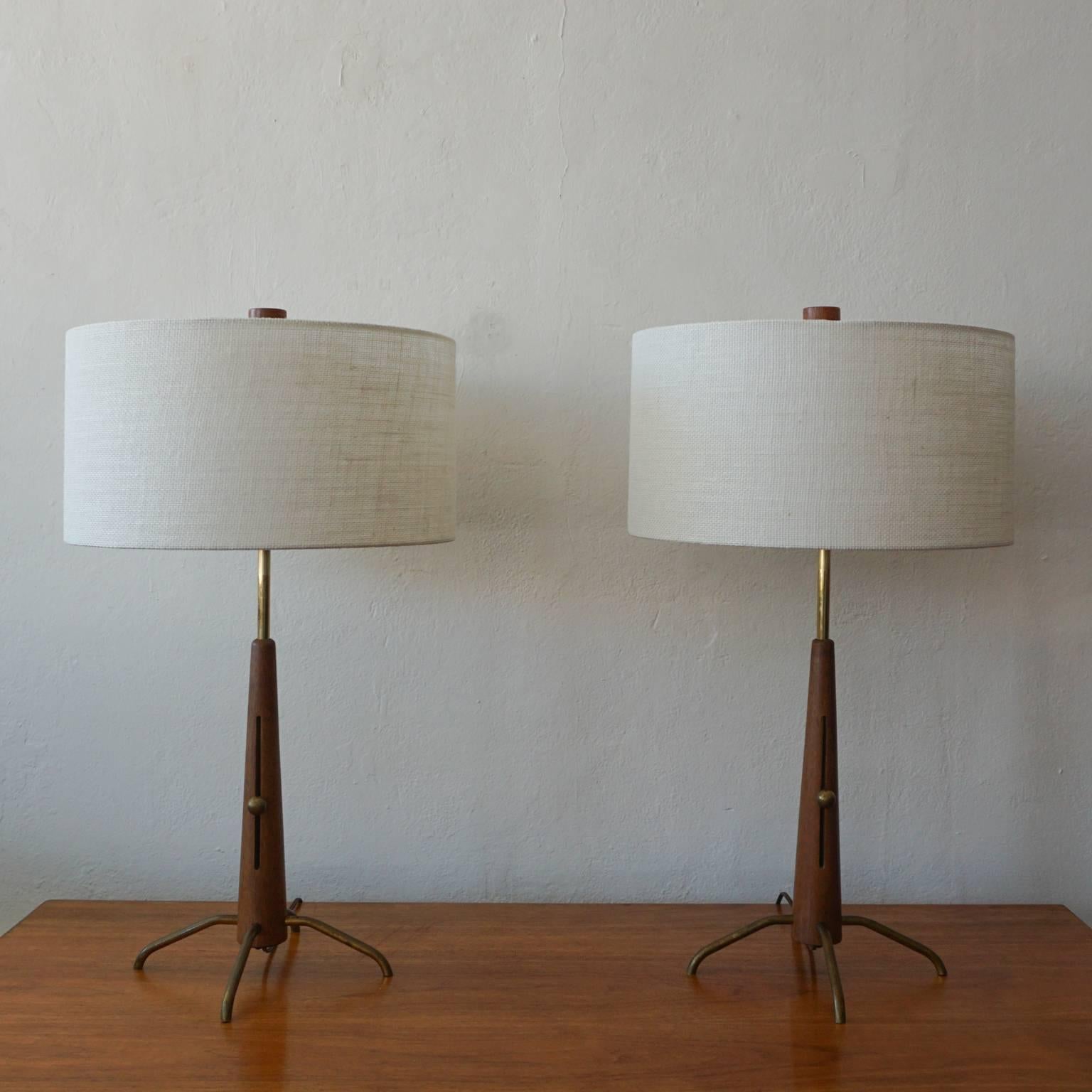 American Walnut and Brass Gerald Thurston Adjustable Height Lamps