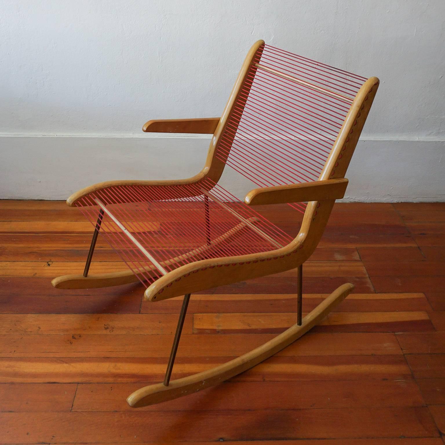 Mid-Century Modern Modernist String Wood and Iron Rocking Chair by Carl Koch