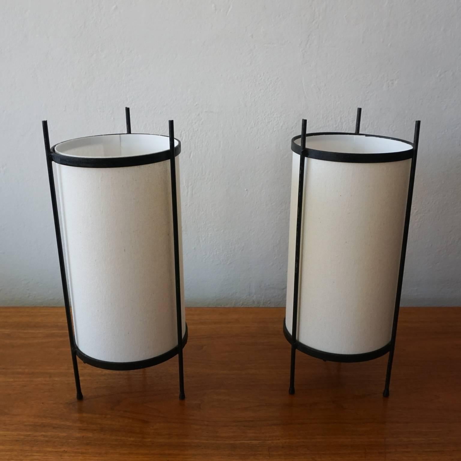 Mid-Century Modern Pair of 1950s Iron Tripod Cylinder Lamps