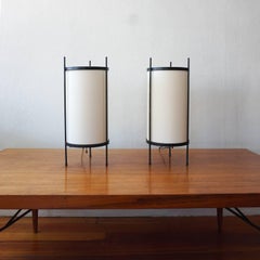 Pair of 1950s Iron Tripod Cylinder Lamps