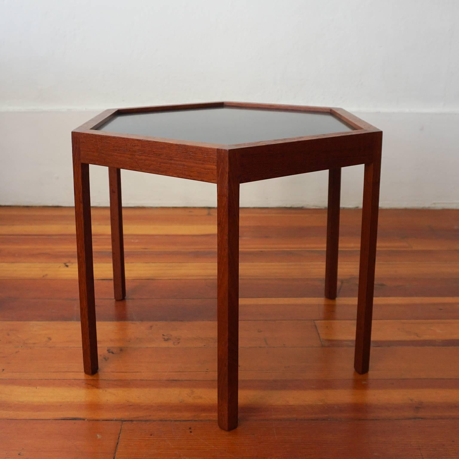 Hans C Andersen teak hexagon side table for Artex. Beautifully crafted, with skilful joinery. Retains a label from the shop it was originally purchased at. Made in Denmark. Signed, 1950s.