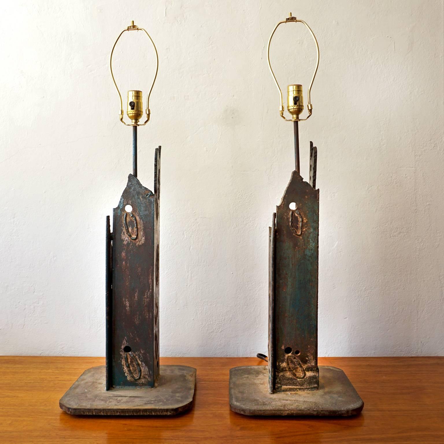 A pair of torch cut steel table lamps. Heavy solid steel construction. Artist made, 1960s.