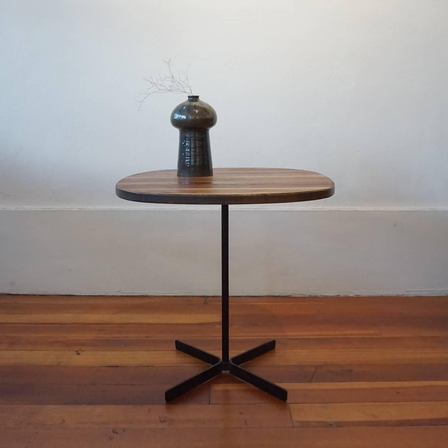 Allan Gould side table with mixed hardwood top and steel base. Produced in limited quantities for the designer's own company, Allan Gould Design (New York City), 1955.