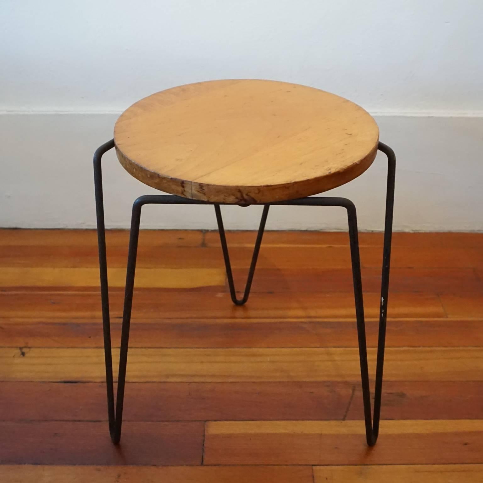 1950s Inco Iron and Wood Side Table or Stool In Good Condition In San Diego, CA