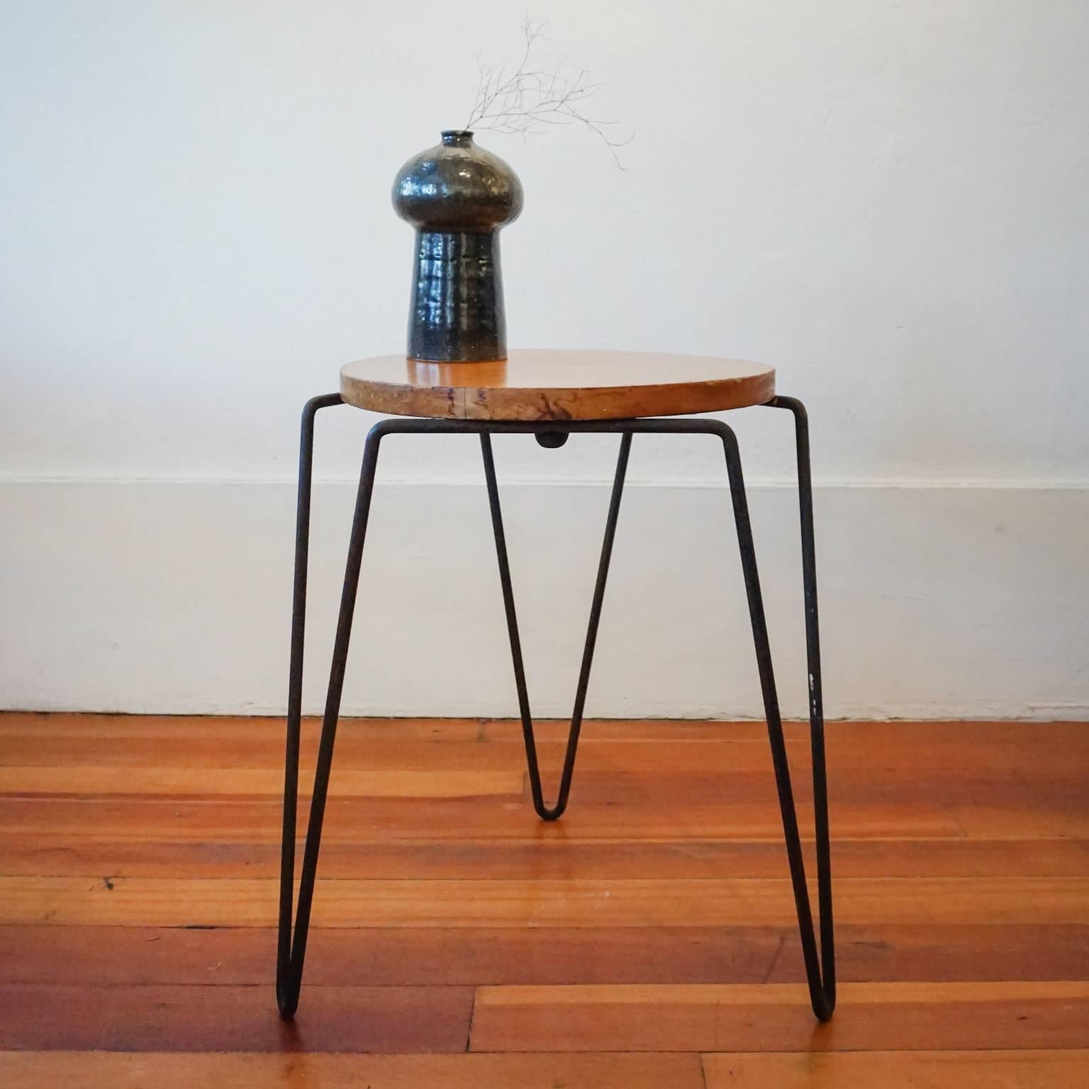 American 1950s Inco Iron and Wood Side Table or Stool