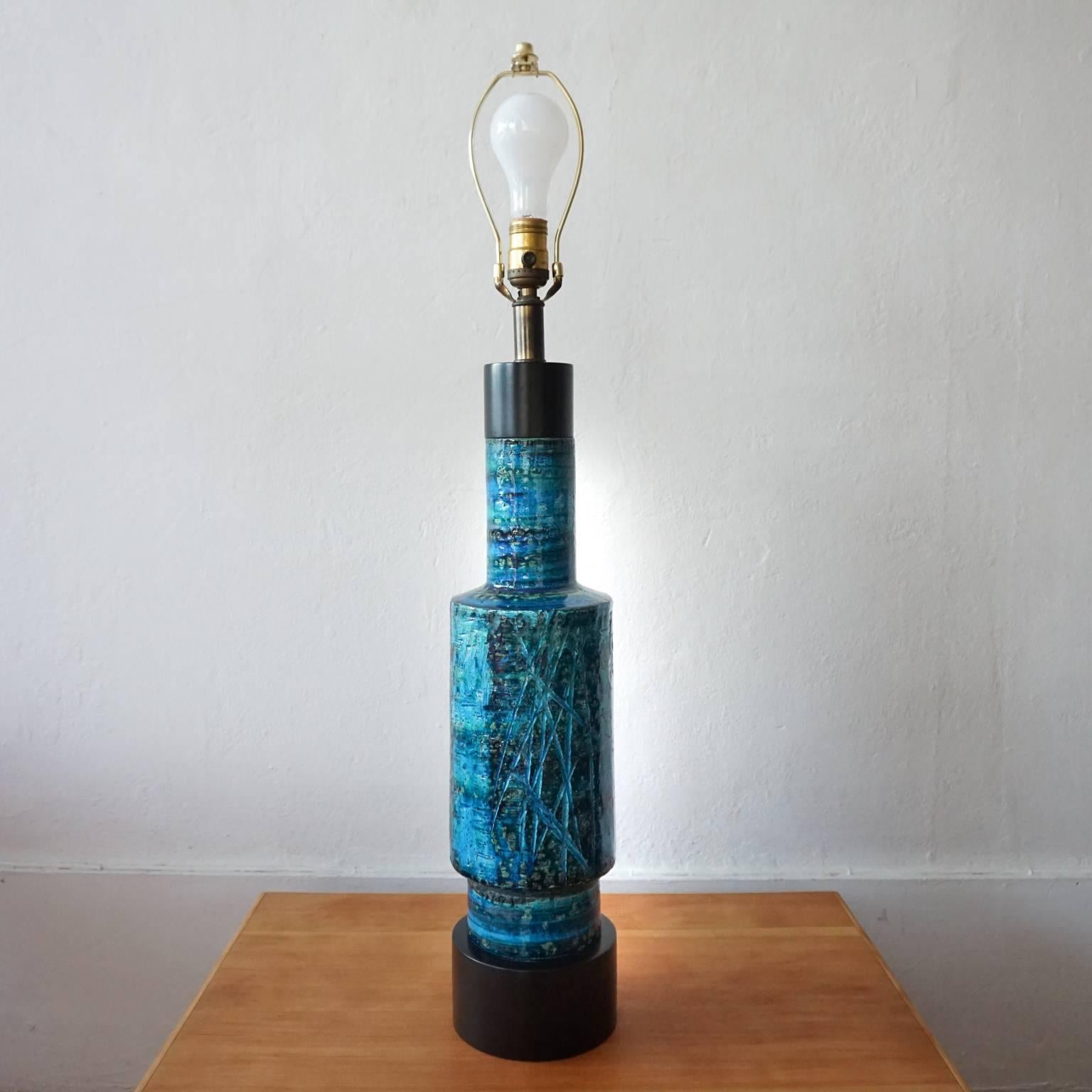 Mid-20th Century Aldo Londi for Bitossi Rimini Blue Ceramic Sgraffito Lamp