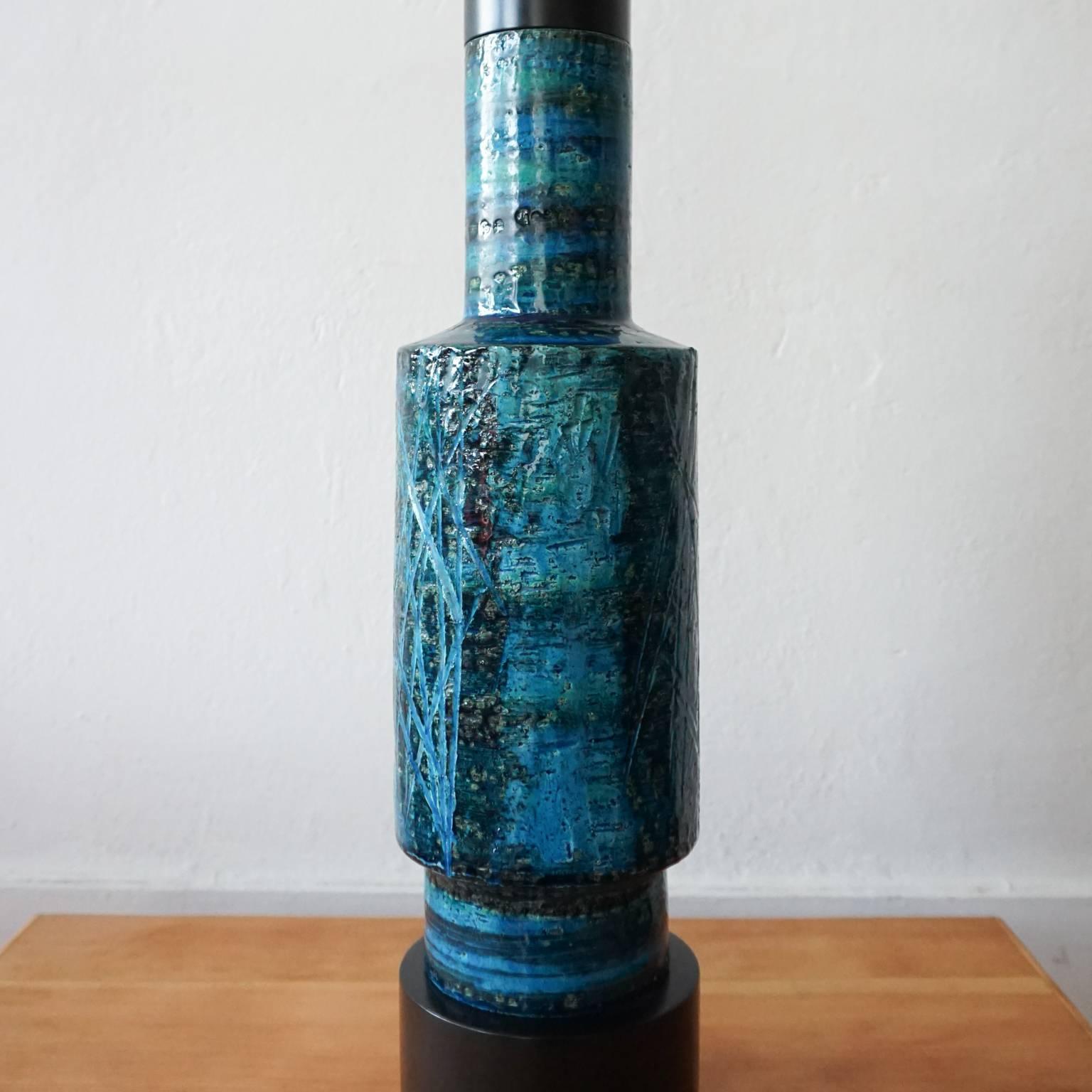 Italian Aldo Londi for Bitossi Rimini Blue Ceramic Sgraffito Lamp