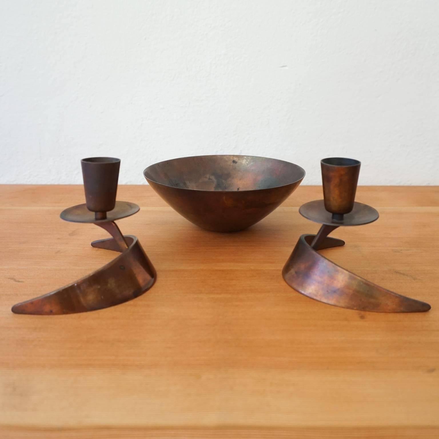 Mid-Century Modern Ronald Pearson Bronze Bowl and Candleholders