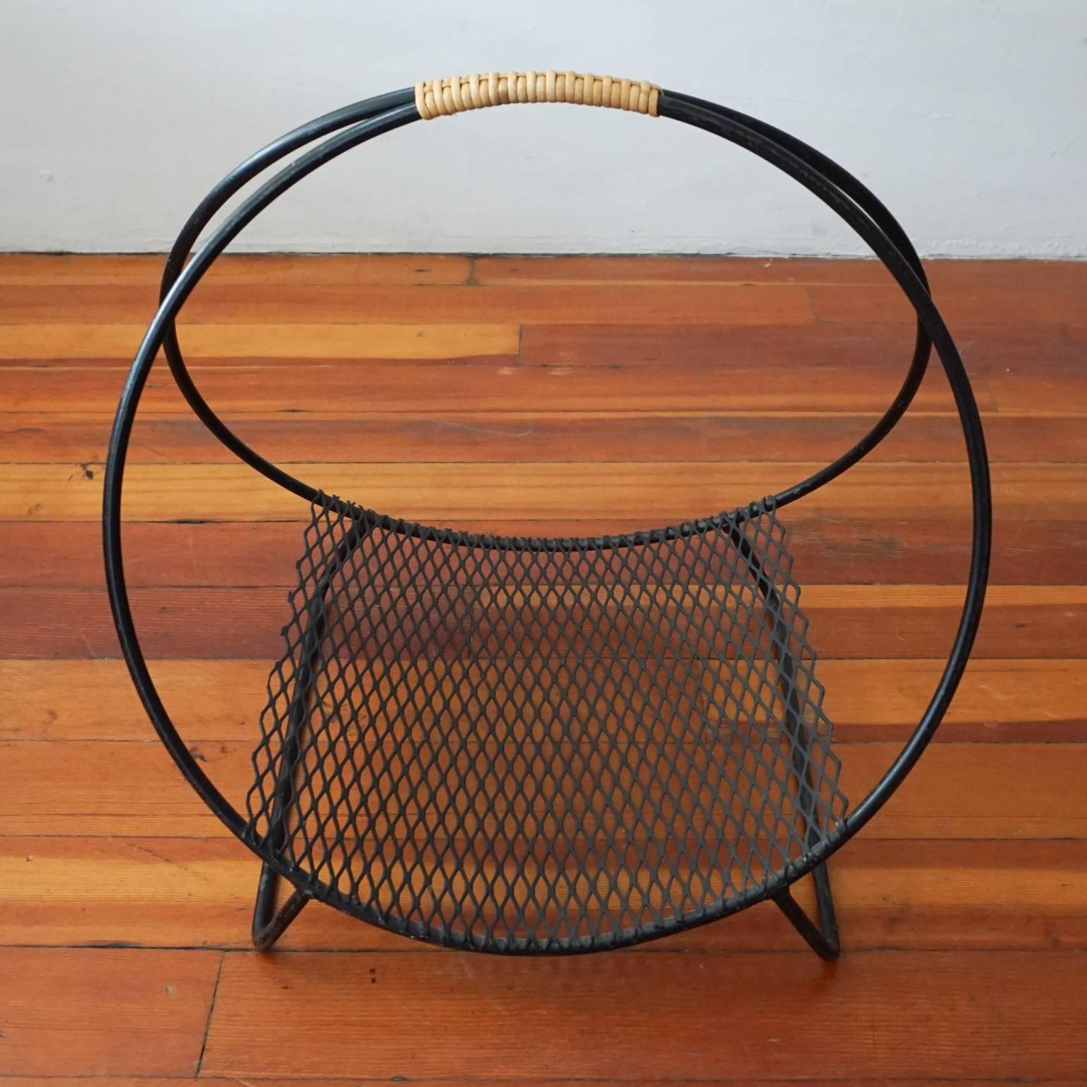 American Midcentury Iron and Cane Log Holder, 1950s