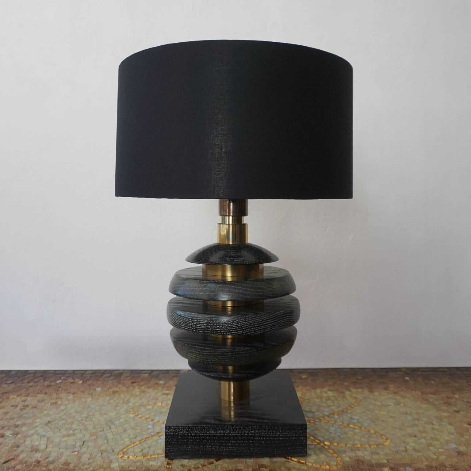 Mid-Century Modern Pair of Black Cerused Oak and Brass Table Lamps, 1940s