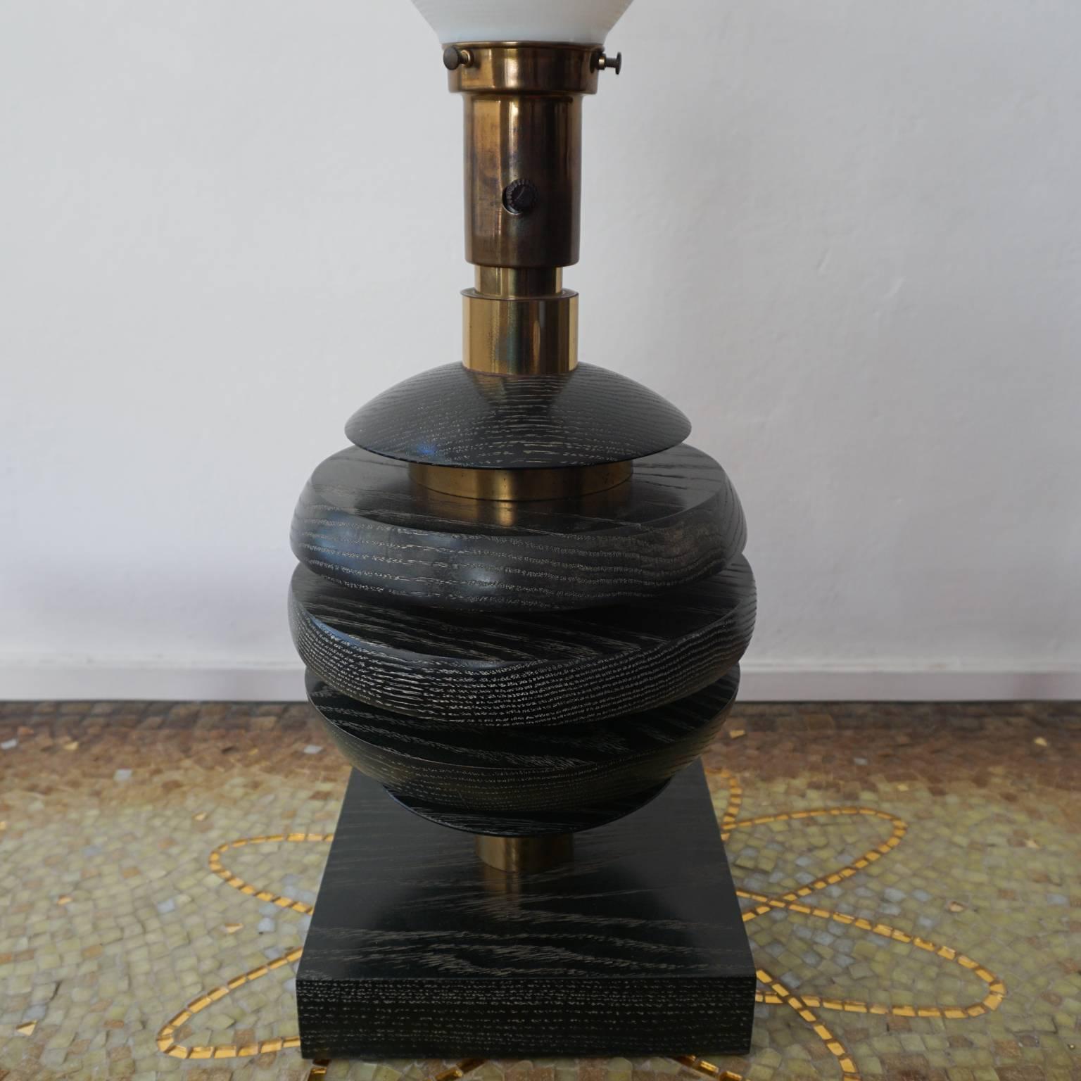 Pair of Black Cerused Oak and Brass Table Lamps, 1940s In Excellent Condition In San Diego, CA
