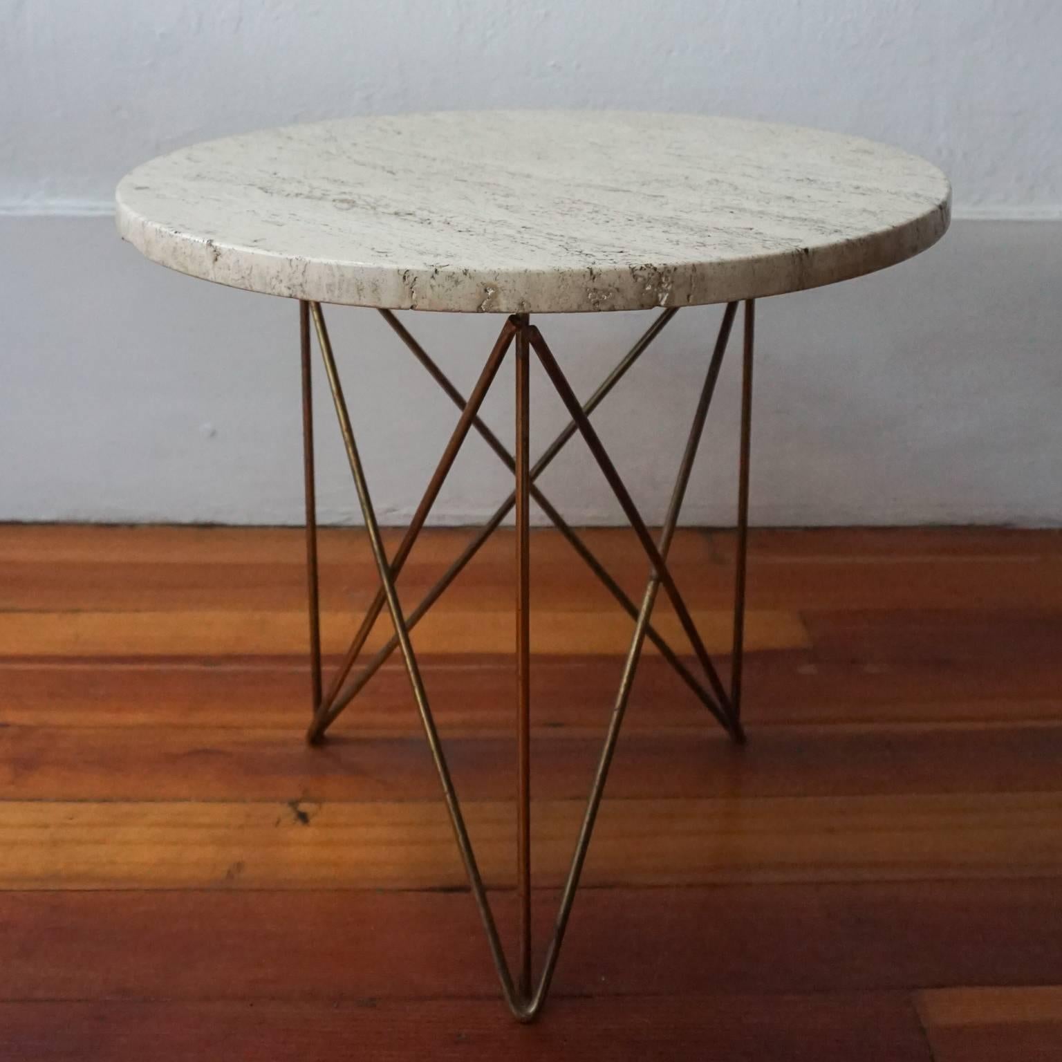 Criss-cross tripod base with terrazzo top side table by Martin Perfit for Rene Brancusi Inc, 1950s.