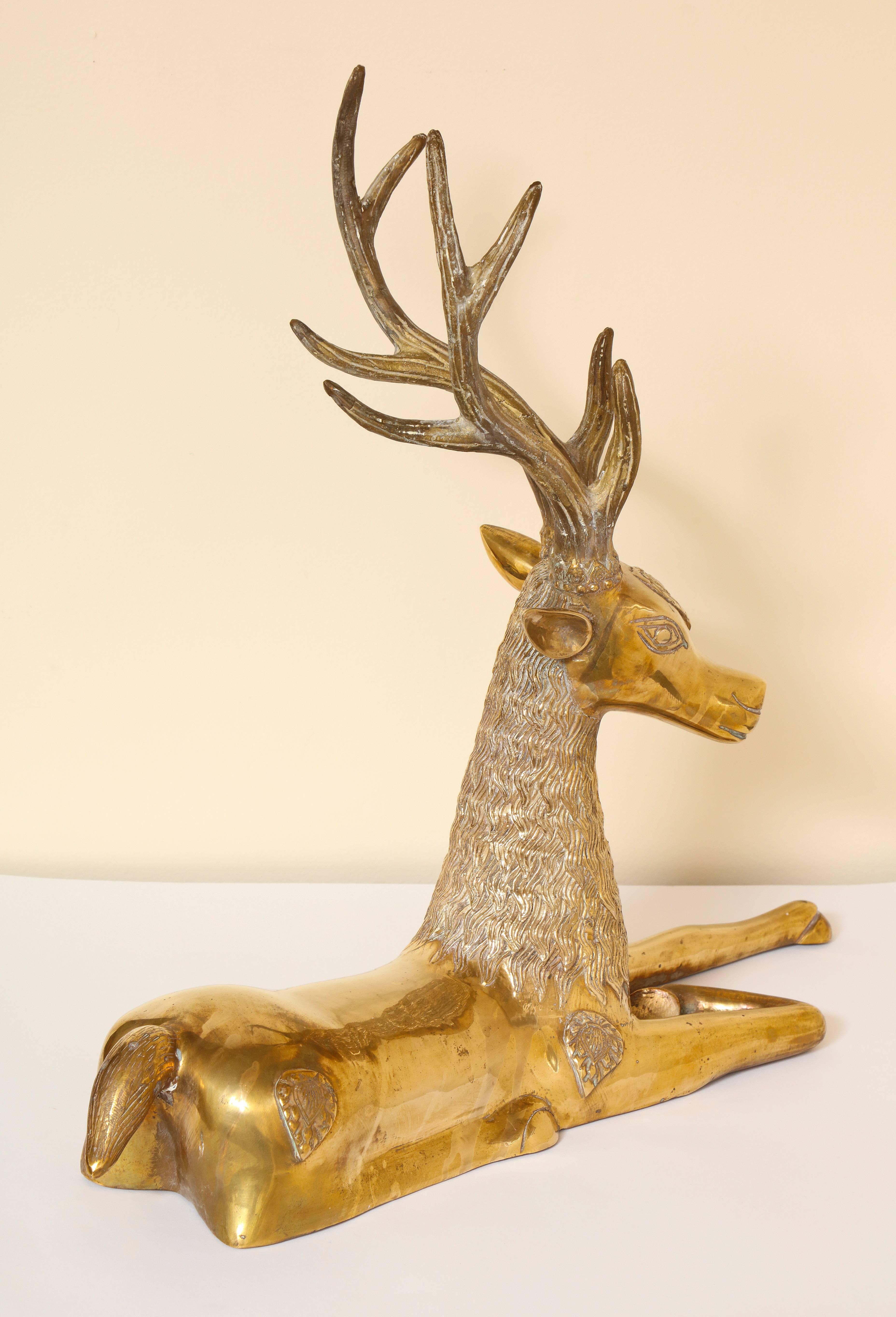 Indian Pair of Seated 1970s Brass Deer