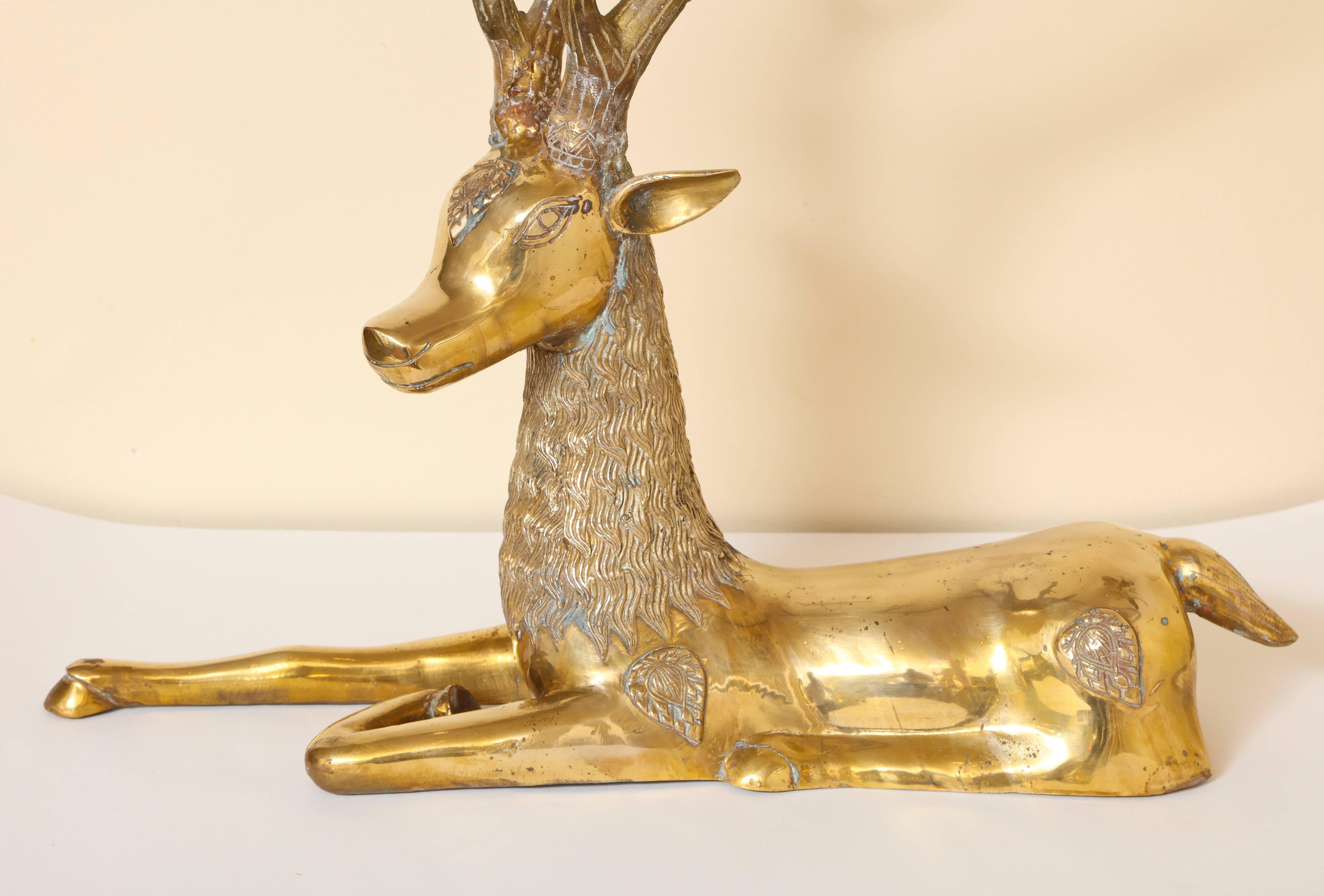 Pair of Seated 1970s Brass Deer In Excellent Condition In New York, NY