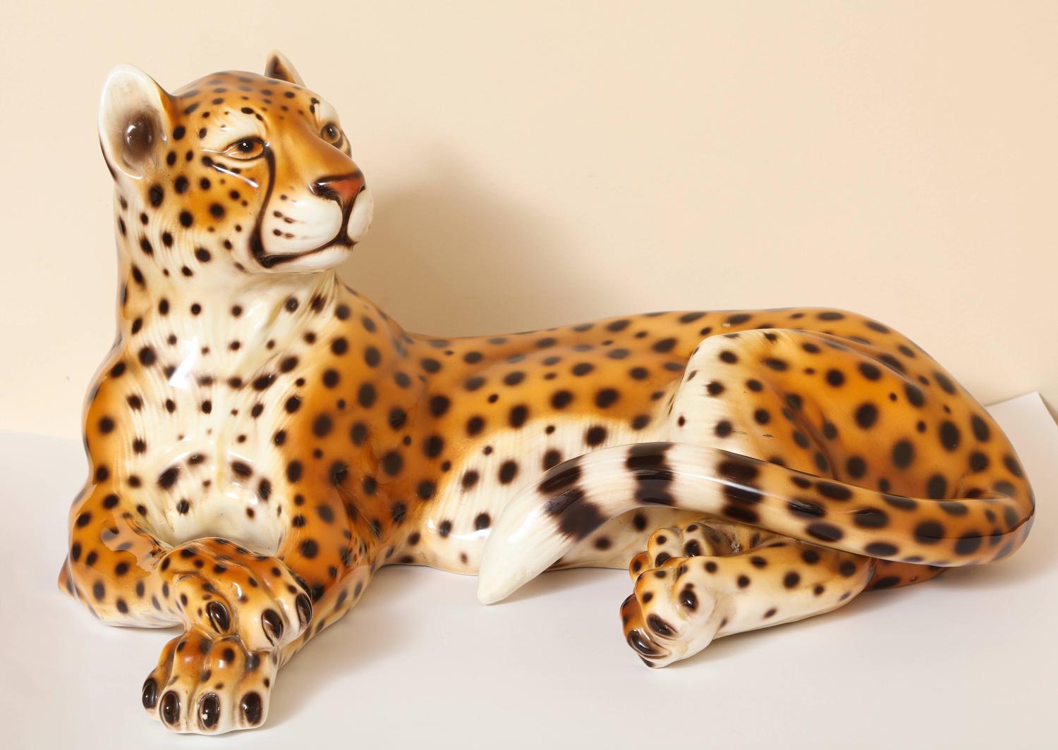 Italian MidCentury Modern Ceramic Cheetah Sculpture, Stamped Made in