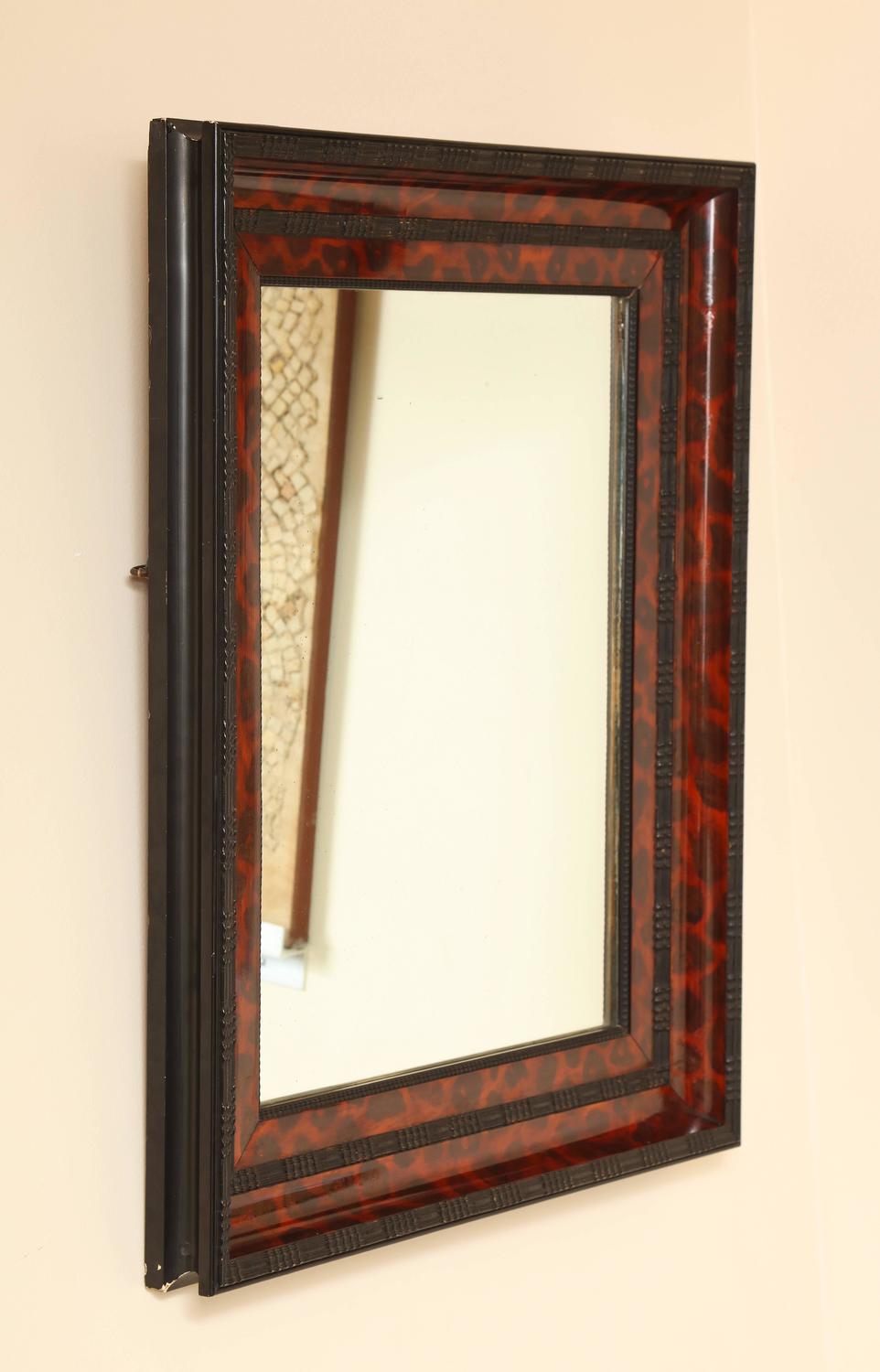 Ebonized and Lacquered Faux Tortoise Shell Decorated Mirror Frame For