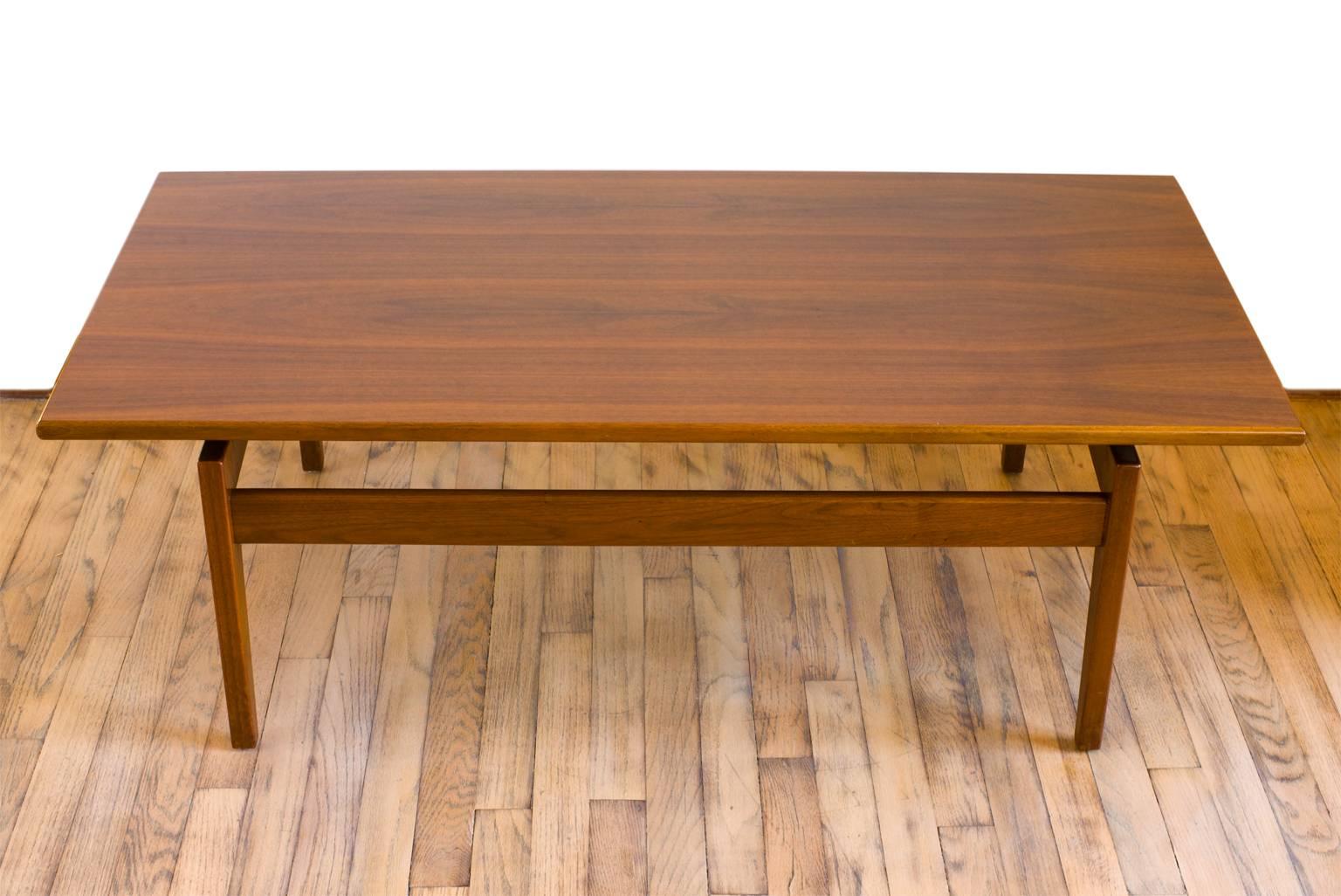 American Jens Risom Walnut Floating Coffee Table with Sculptural Base