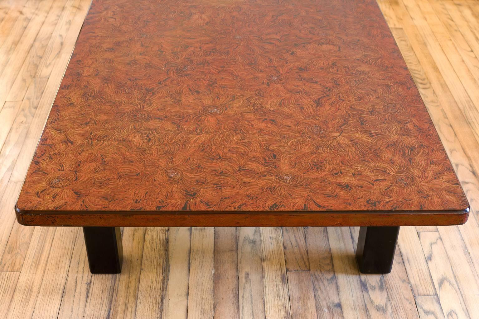 Japanese Lacquer Low Rectangular Coffee Table Raised on Square Straight Legs In Excellent Condition In New York, NY