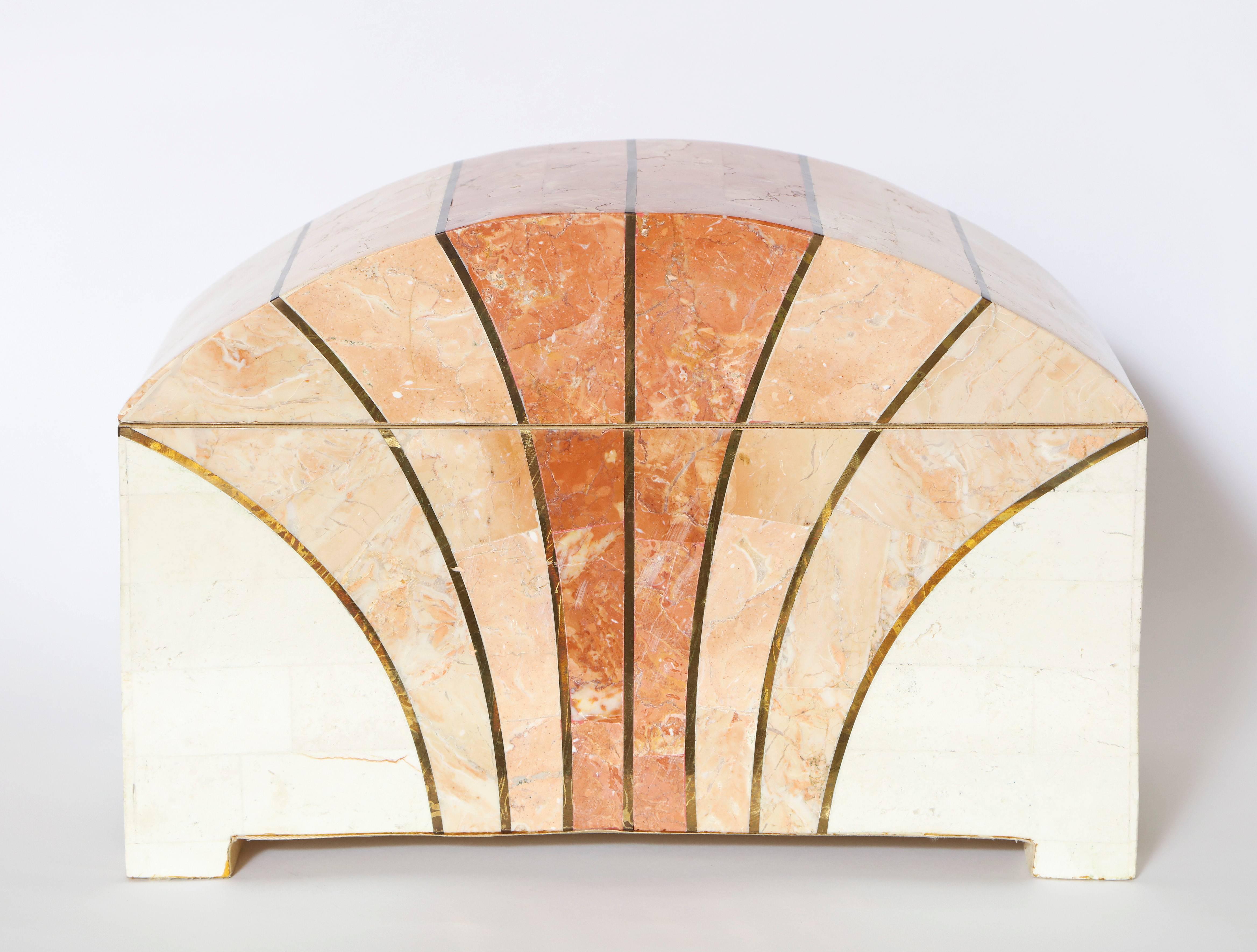 Mid-Century Modern Maitland-Smith Vintage Arch Shaped Tessellated Stone Box with Brass Inlay