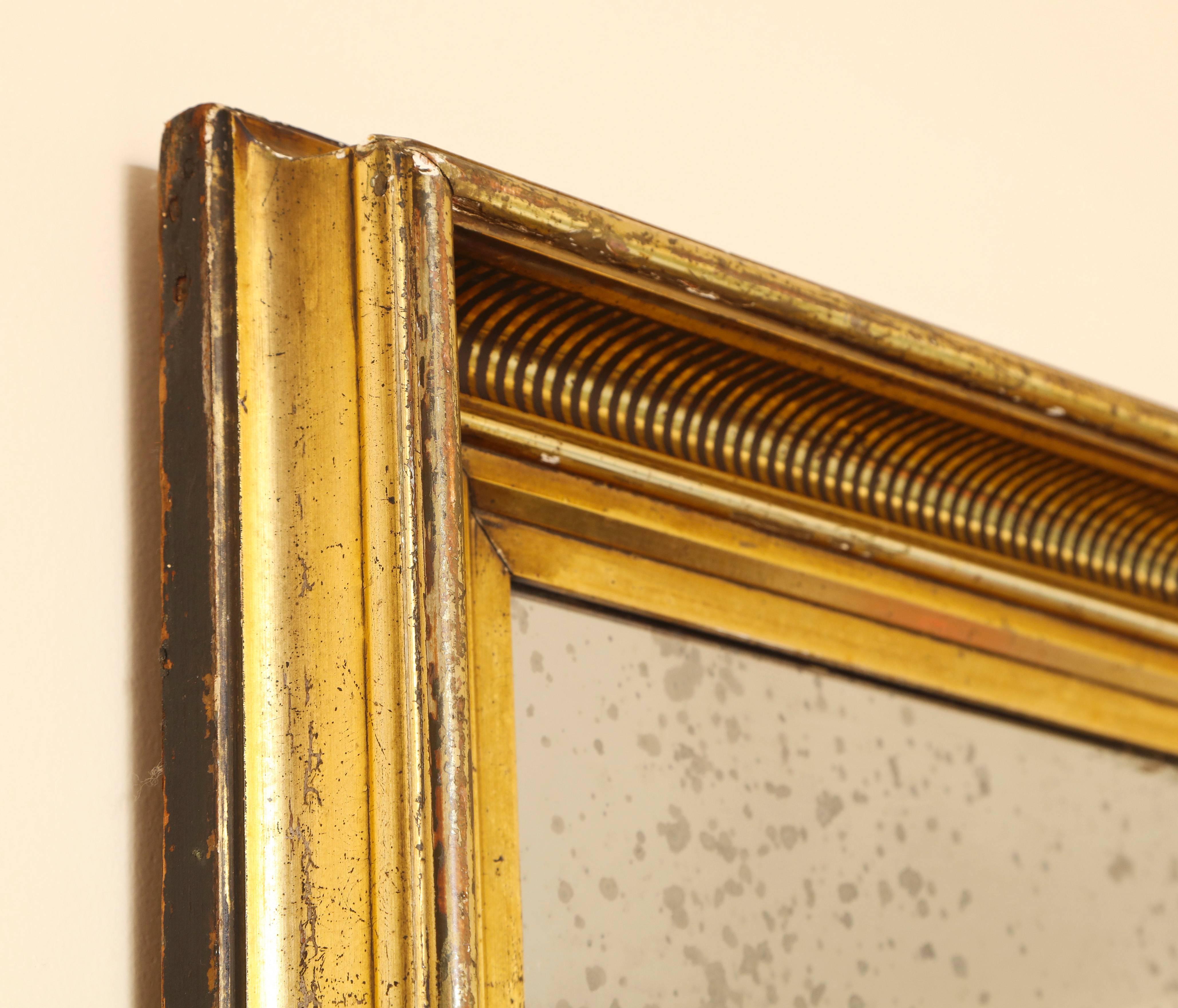 American Gilded Mirror Frame with Painted Black Striped Molding and Antique Glass For Sale