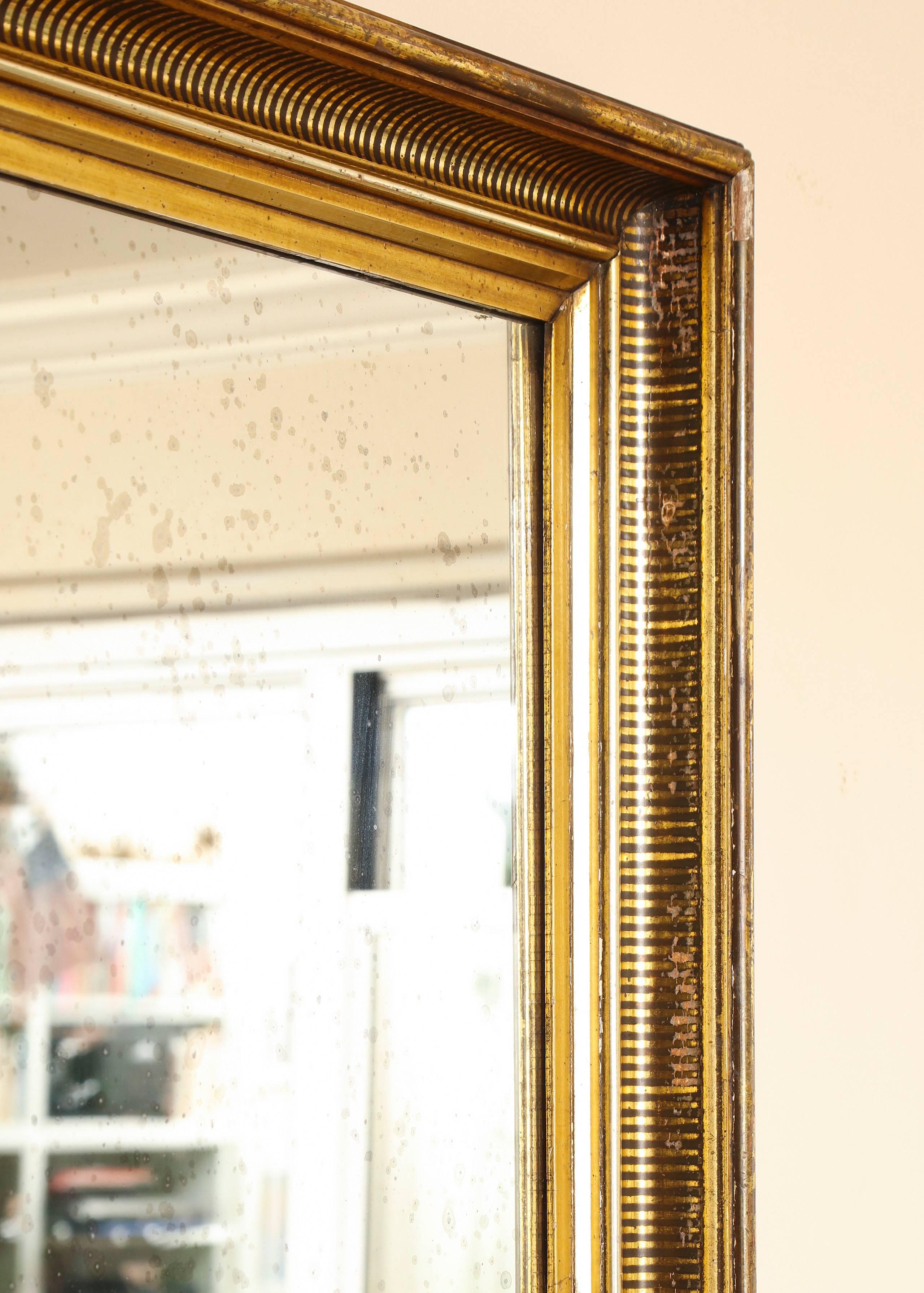 American Empire Gilded Mirror Frame with Painted Black Striped Molding and Antique Glass For Sale