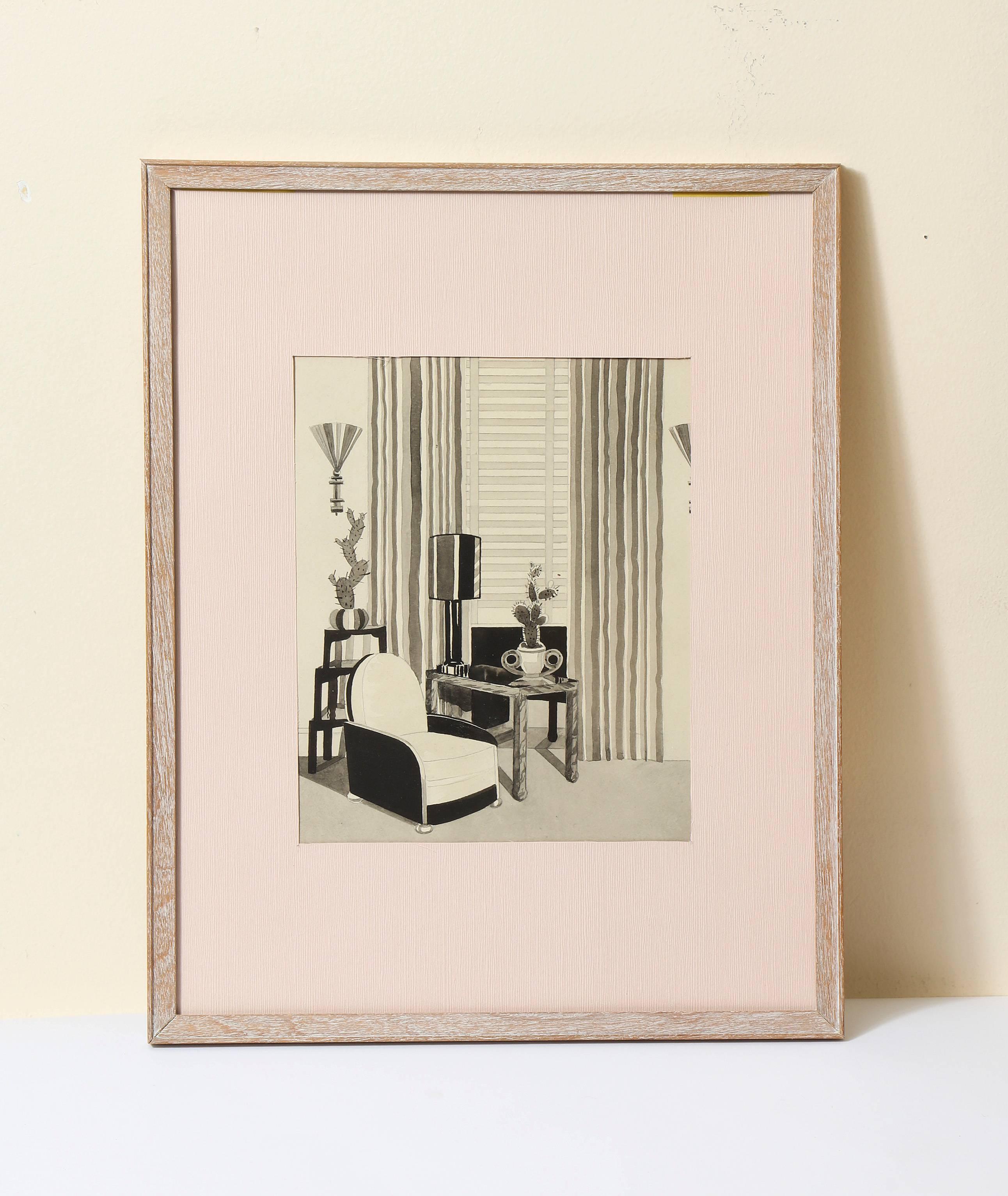 An Art Deco modernist interior architectural drawing, with a period frame of “céruse” finish over maple. 

Size framed: 15