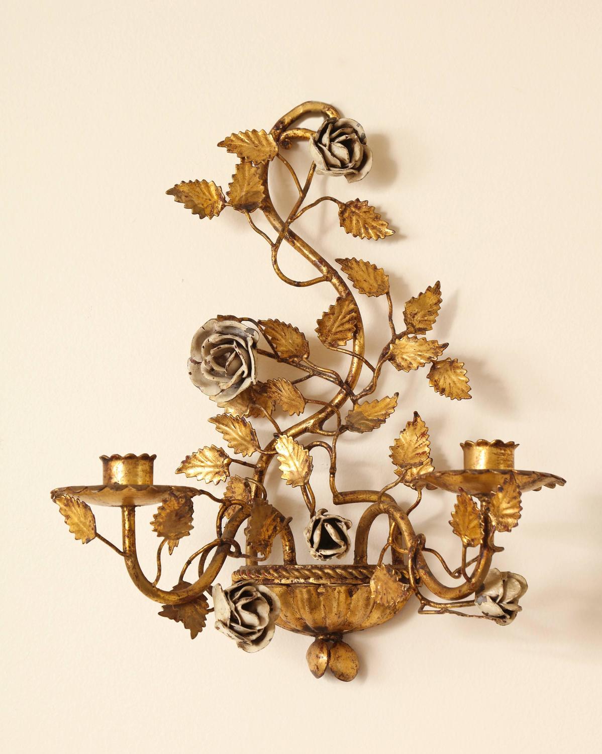 Pair of Italian Painted Floral and Gilt Metal Wall Sconces with Two Candle Arms For Sale at 1stdibs