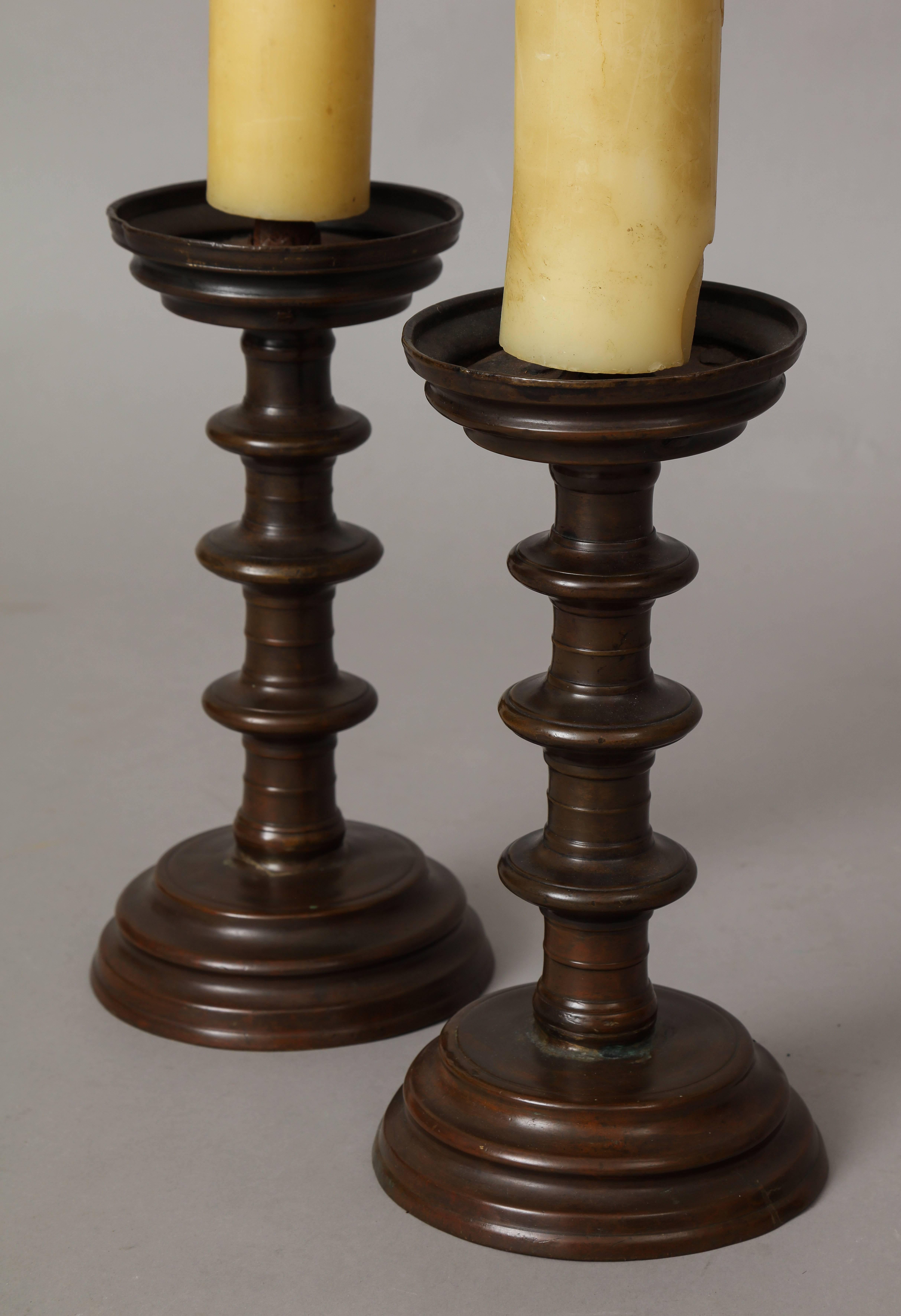 Pair of Italian Baroque Bronze Candlesticks or Pricket Sticks In Excellent Condition In New York, NY