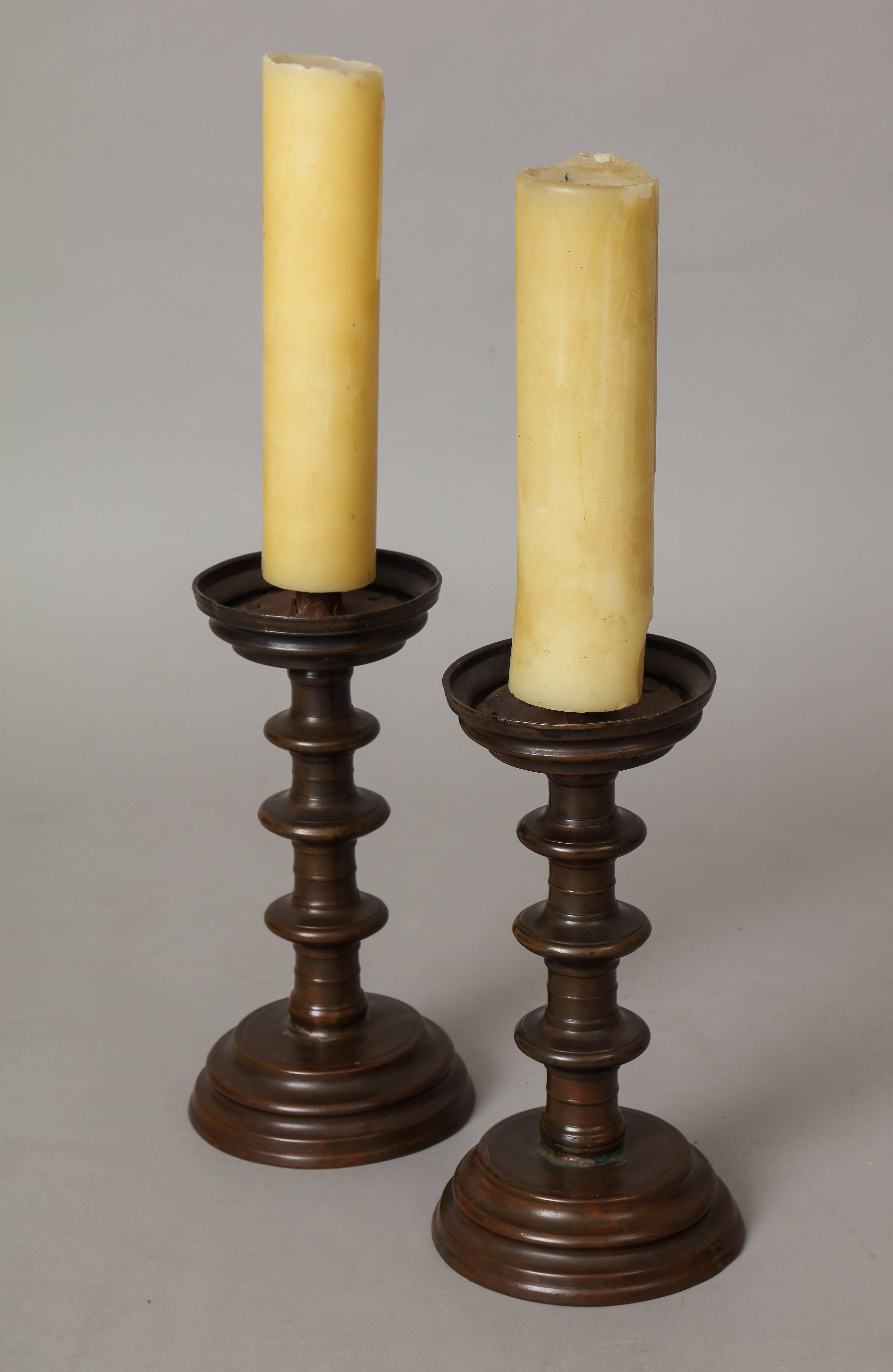 Pair of Italian Baroque period bronze pricket sticks bronze (old color).
Italian, circa 1620.
 