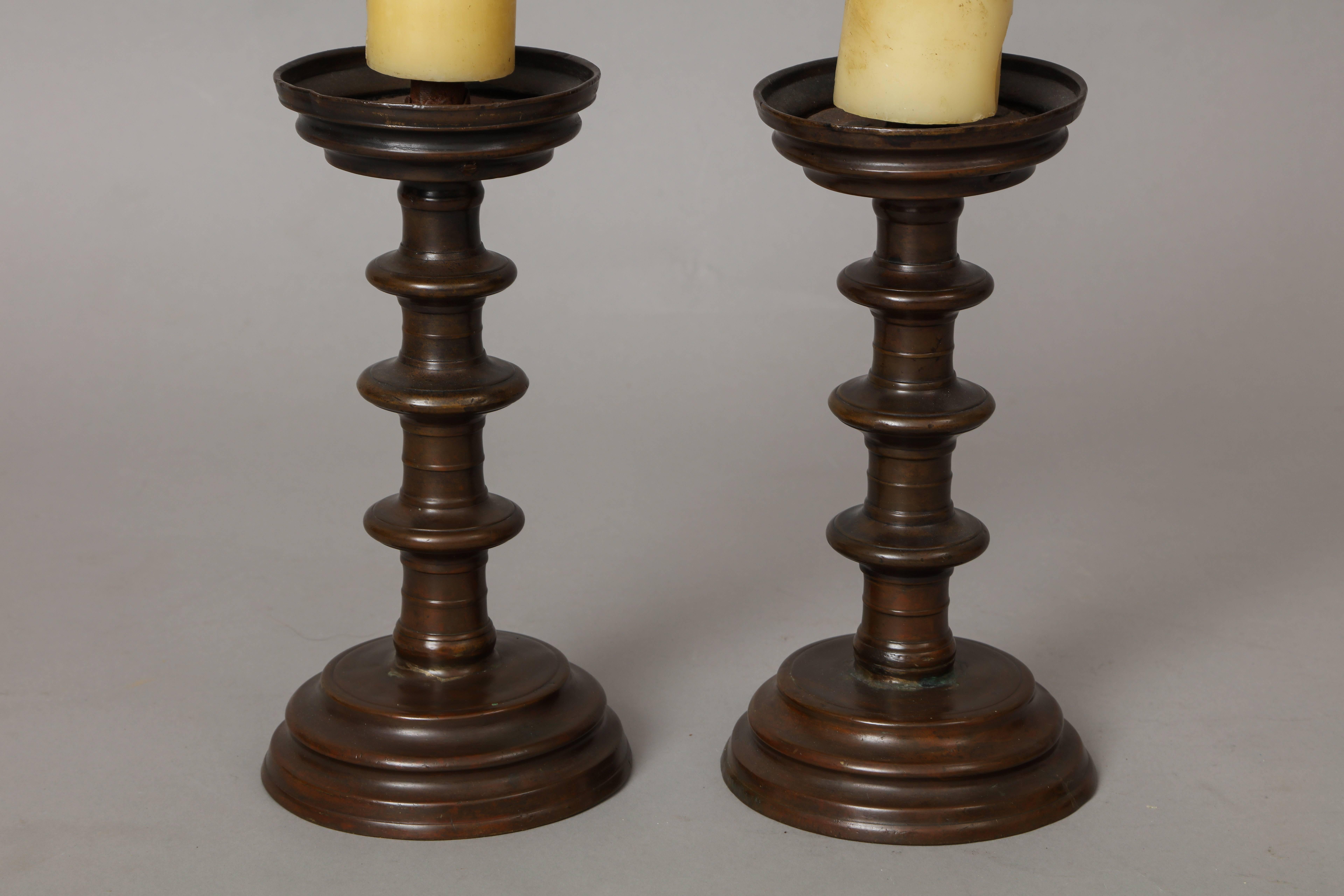 Pair of Italian Baroque Bronze Candlesticks or Pricket Sticks 3