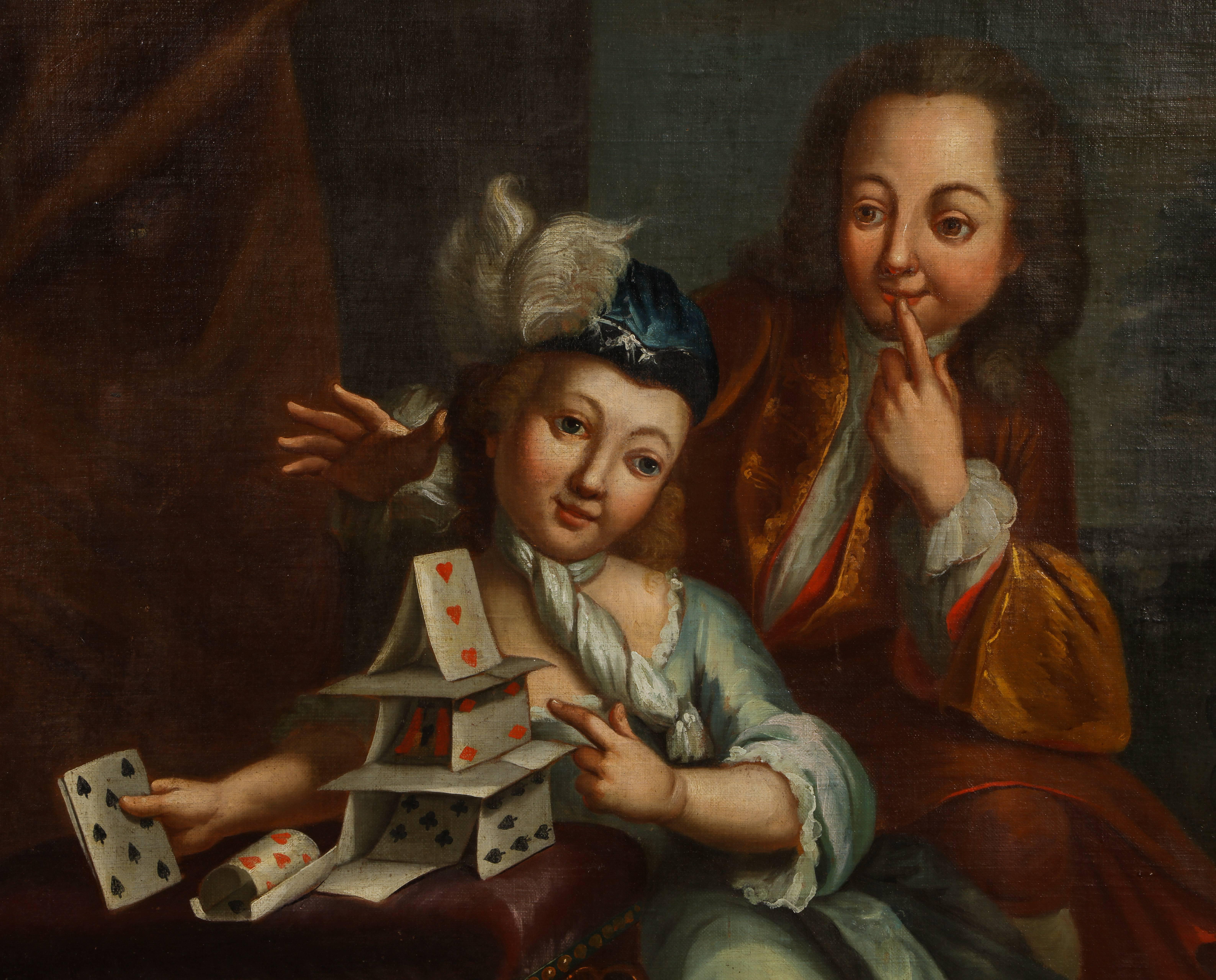 A large and charming German 18th century oil painting, House of Cards, depicting a gentleman and young girl at play in elegant dress.
Oil on canvas.
German, 18th century.
Size: 49