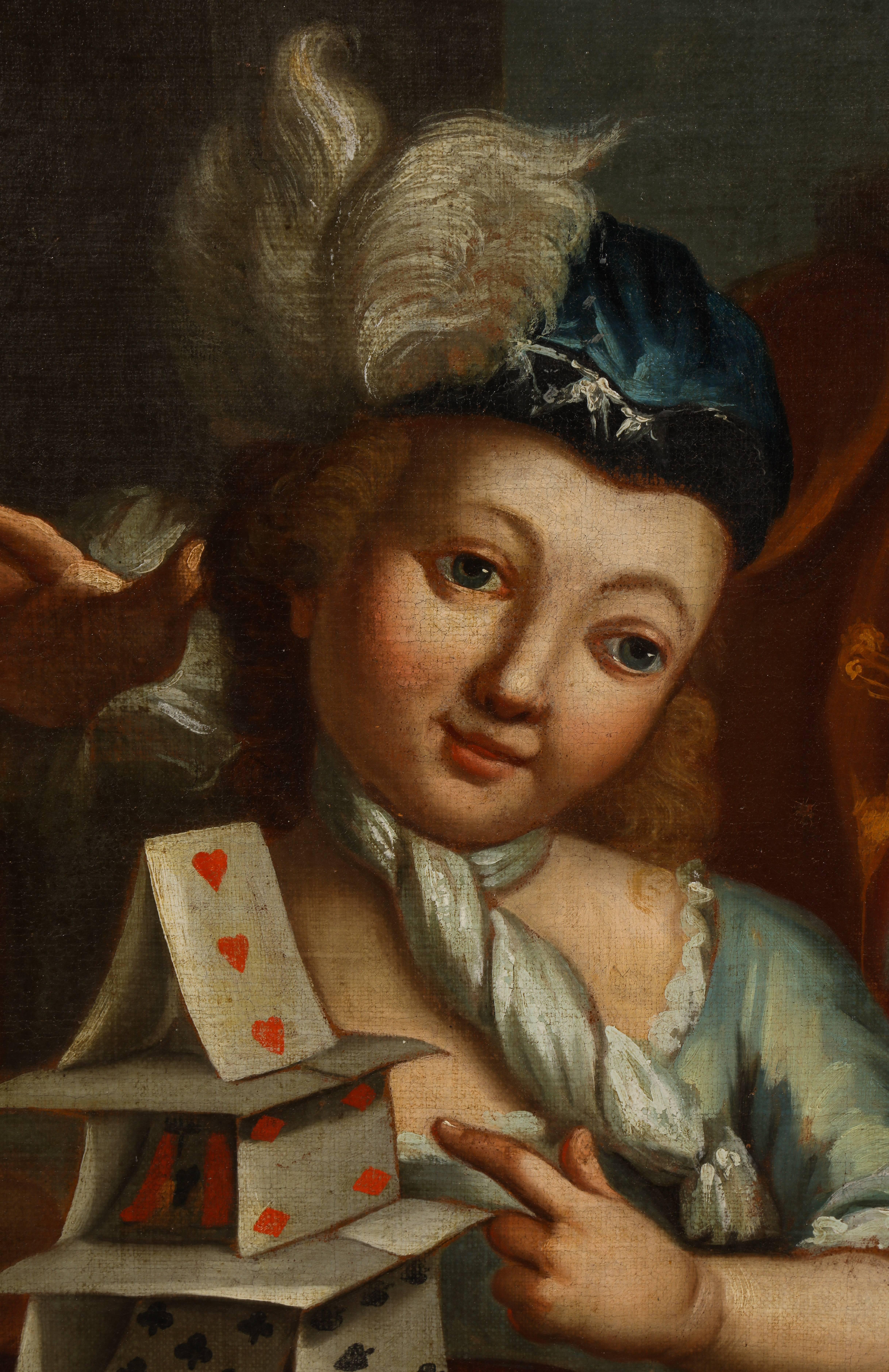 German 18th Century Oil Painting, House of Cards In Excellent Condition In New York, NY