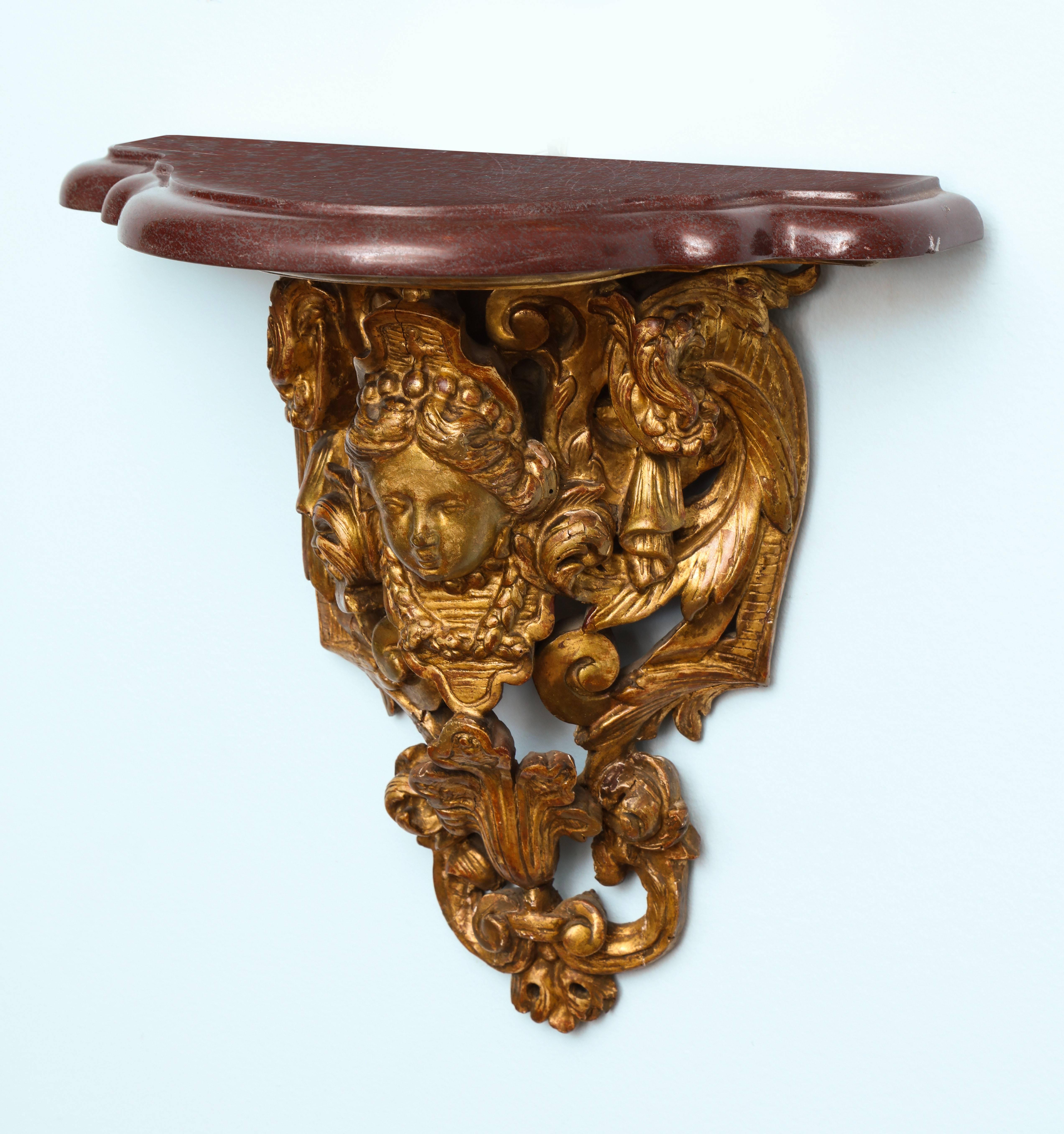 Carved French Regence Gilded Wall Bracket with a Marble Top