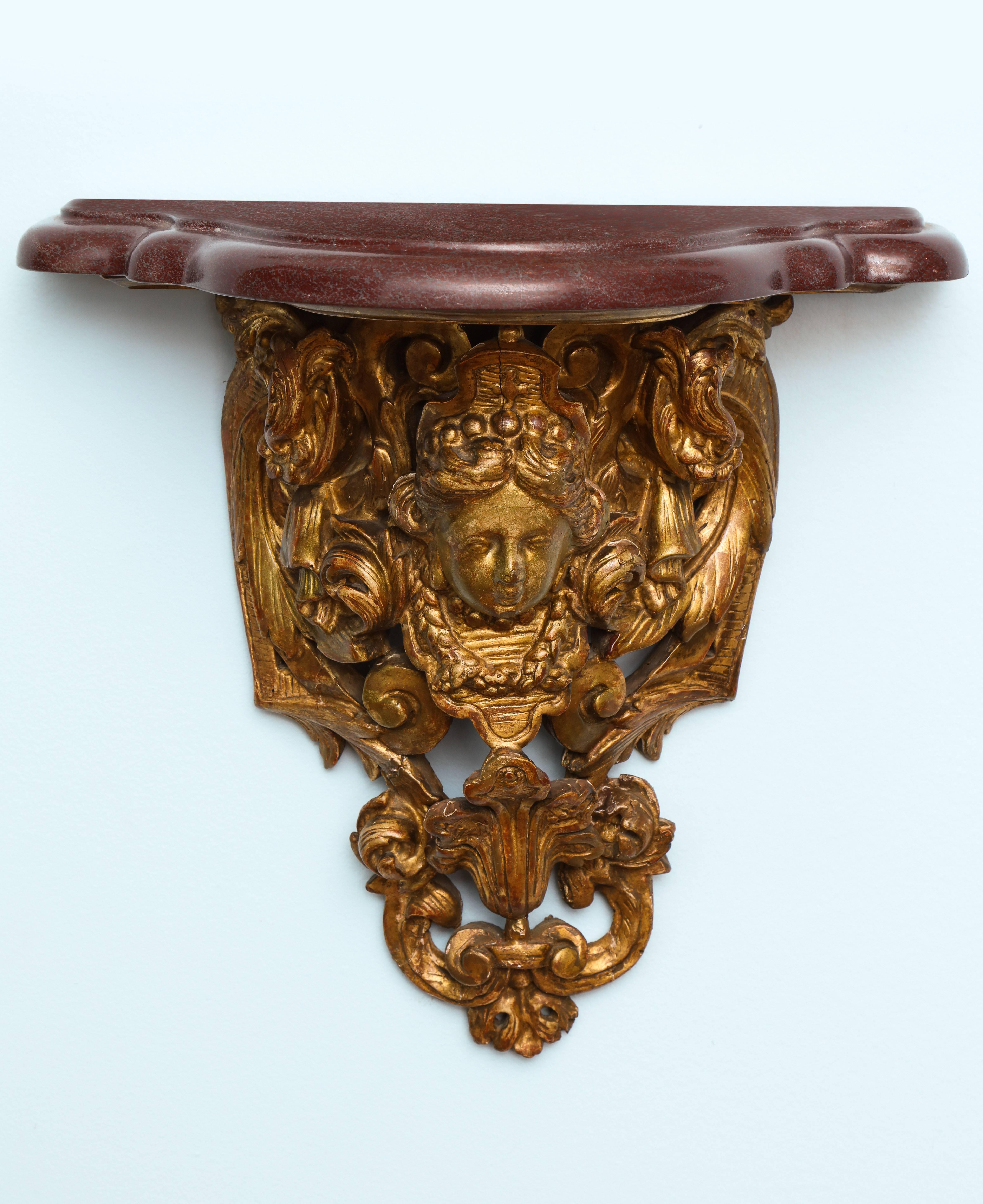Giltwood French Regence Gilded Wall Bracket with a Marble Top