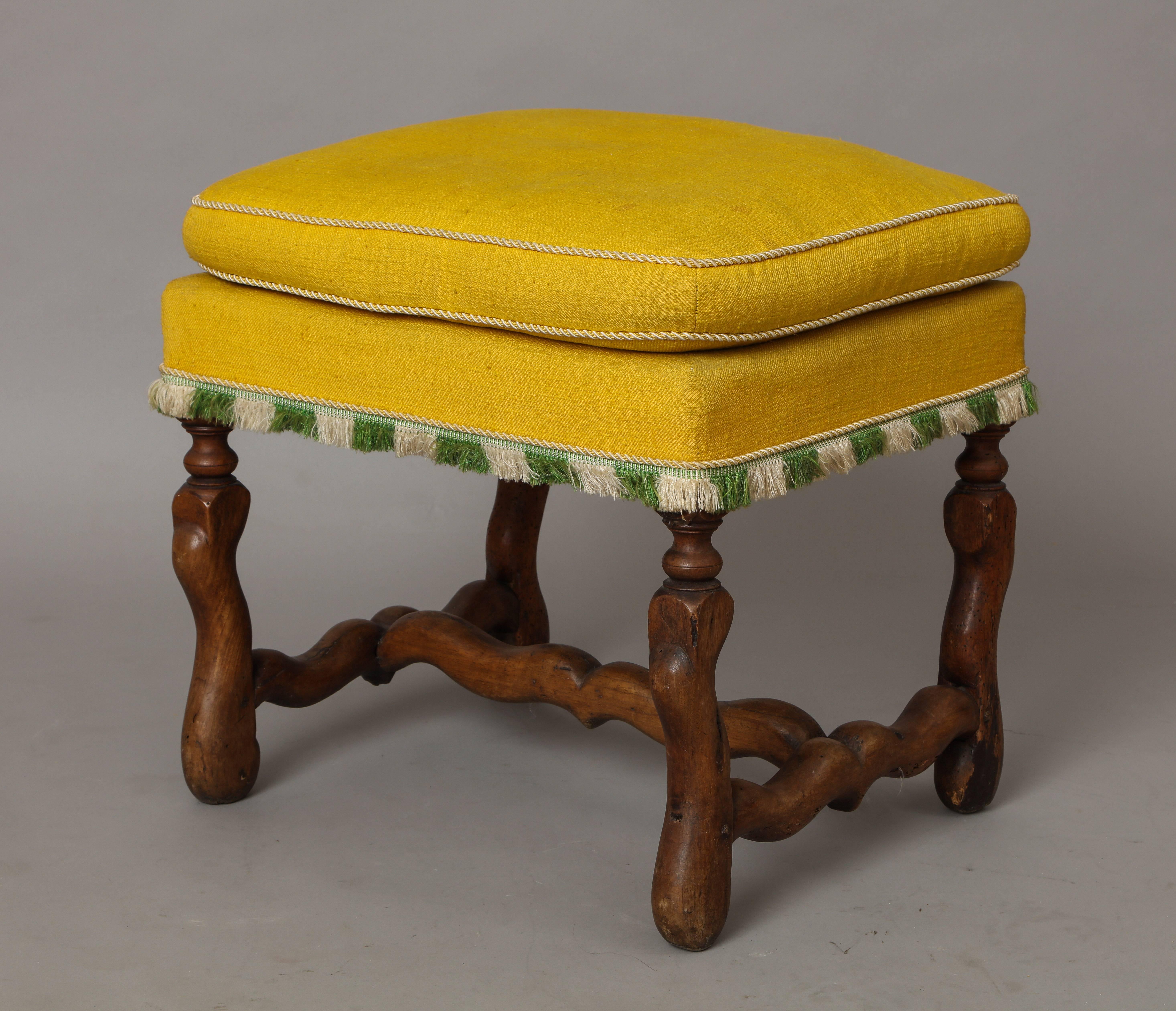Baroque Louis XIII French Walnut Stool with ‘Os De Mouton’ Legs and Stretcher